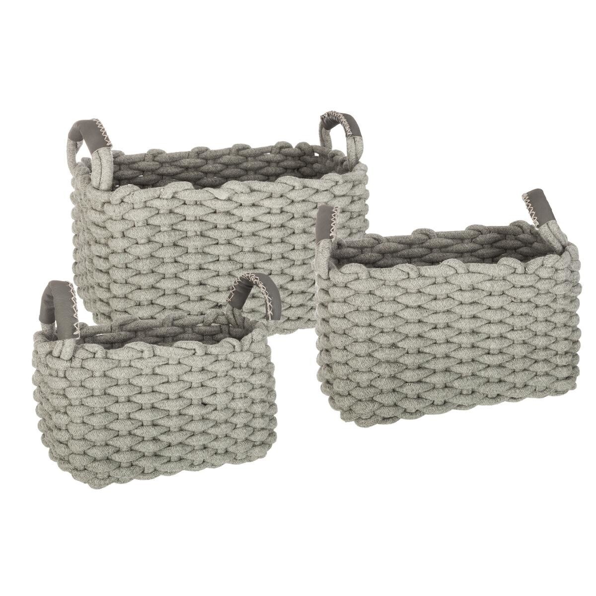 Set of 3 rectangular handled baskets "Tricot" Cotton, L.24/28/35 cm