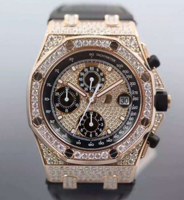 Replica Audemars Piguet JF Royal Oak Offshore RG Full Paved Diamonds Leather Strap A7750 - Elite Watch Atelier