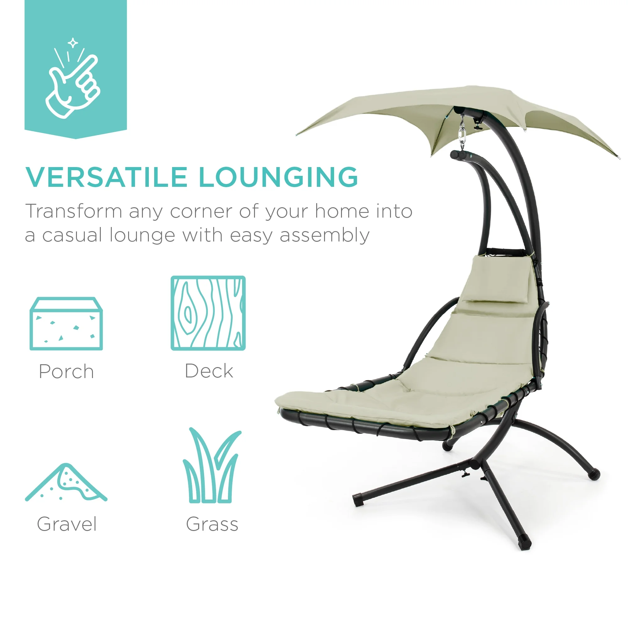 Best Choice Products Hanging Curved Chaise Lounge Chair Swing for Backyard, Patio w/ Pillow, Shade, Stand - Teal - Image 80
