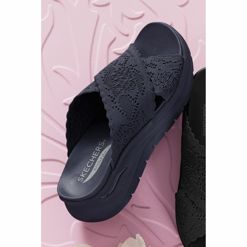 Skechers Arch Fit Slide with Feminine Crisscross Straps - MIDNIGHT VELVET CATALOG