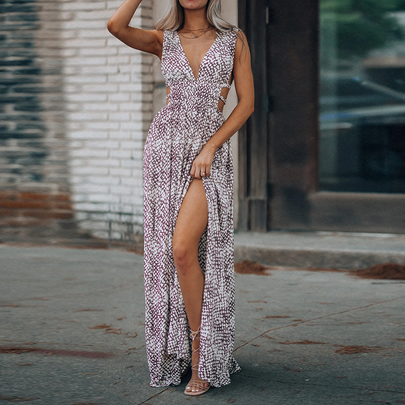Fashion V-neck Sleeveless Slit Printed Dress
