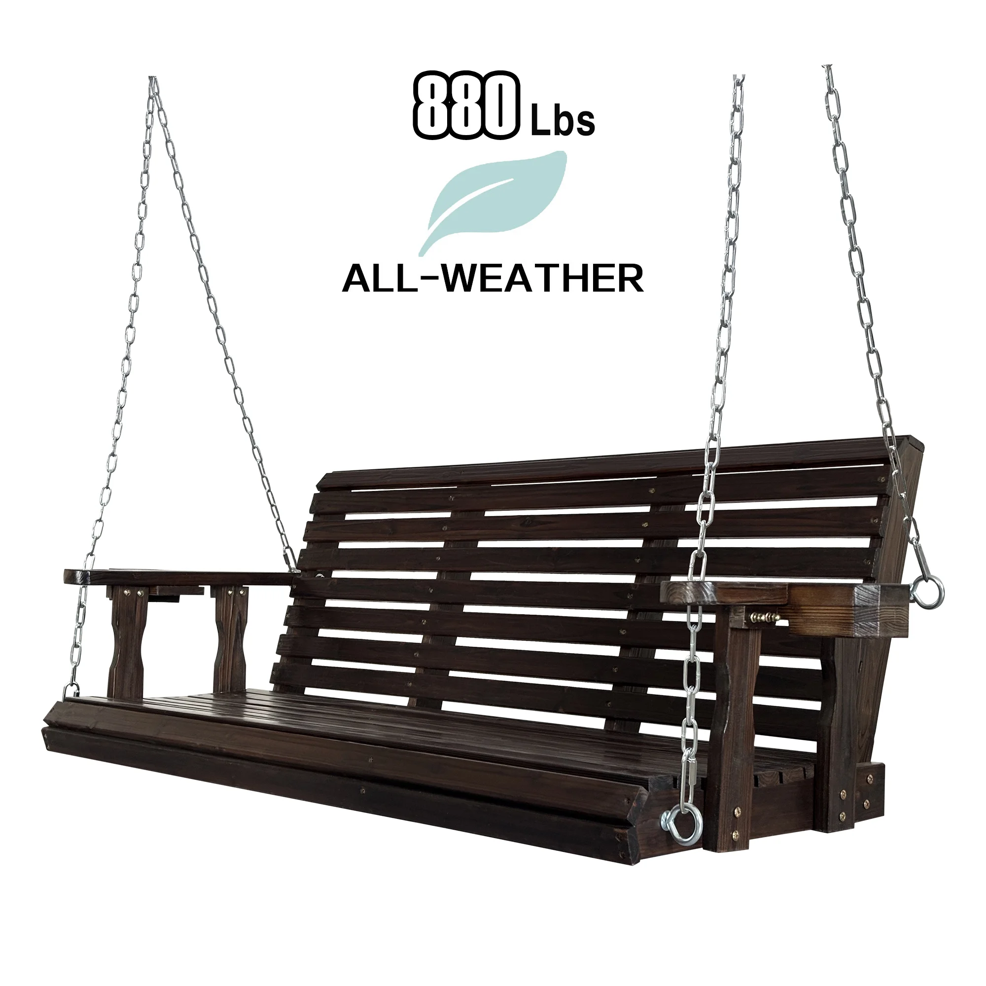 Fortune Candy 3 Person Outdoor Wood Hanging Swing, Heavy Duty 880 lbs Wood Porch Swing, Brown-5ft - Image 18