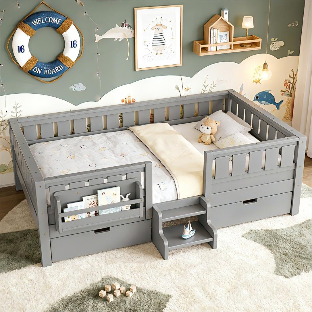 Bellemave Full Size Bed Frame with Storage Drawers & Bookshelf, Low Profile Kids Bed with Staircase & Full Length Guardrails, Solid Wood Full Size Bed Frame Kids with Slats Load 450 LBS, Grey