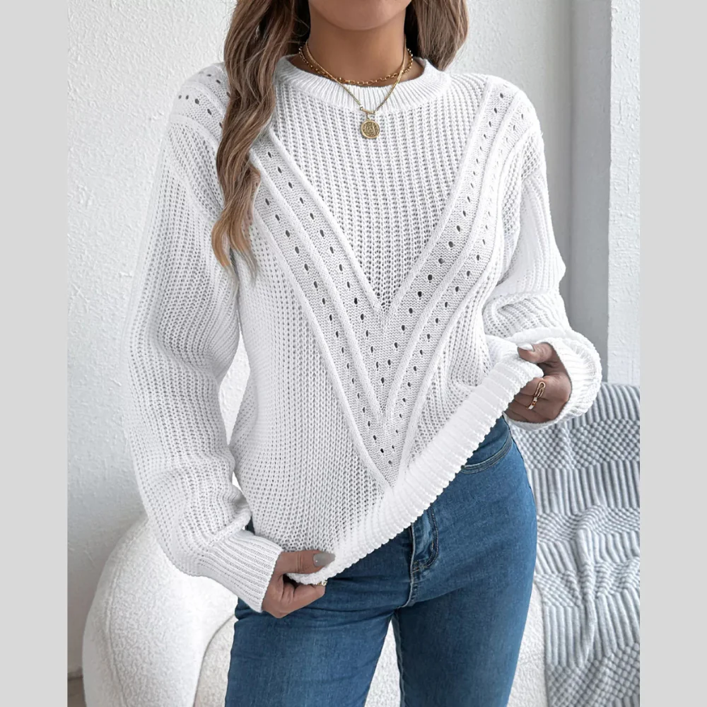 Openwork Round Neck Sweater - ZKZOOK