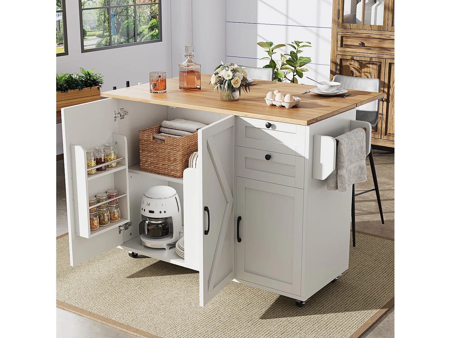 Desserte de cuisine avec plan de travail pliable, 3 portes et 2 tiroirs, blanc - pour salon et salle à manger