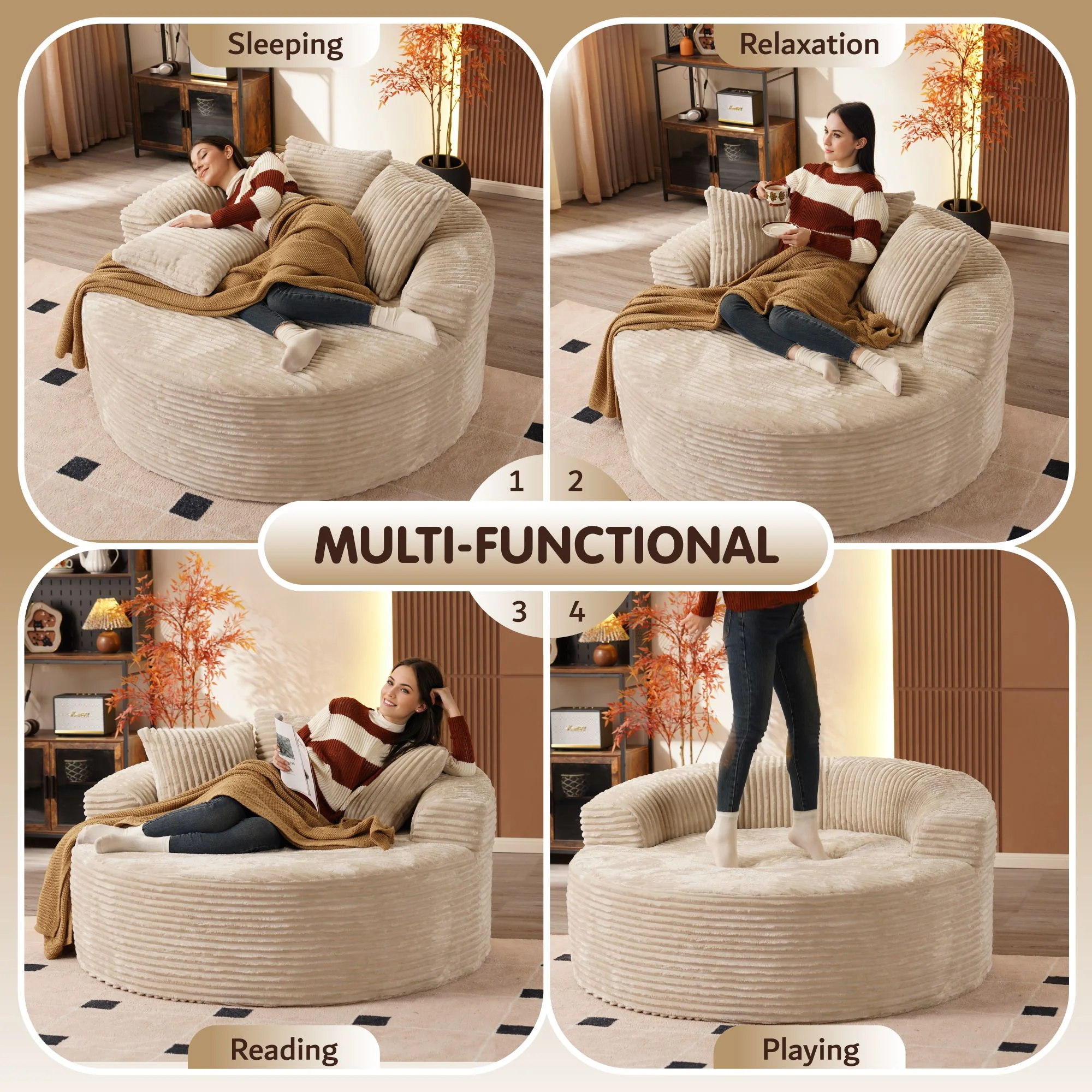 Ovios 58'' Oversized Chaise Lounge Indoor Chair Modern Cloud Floor Sofa Bed Comfy Upholstered Sleeper Couch Deep Seat Accent Reading Chair for Living Room, Bedroom, No Assembly, Black(Plush Corduroy) - Image 13