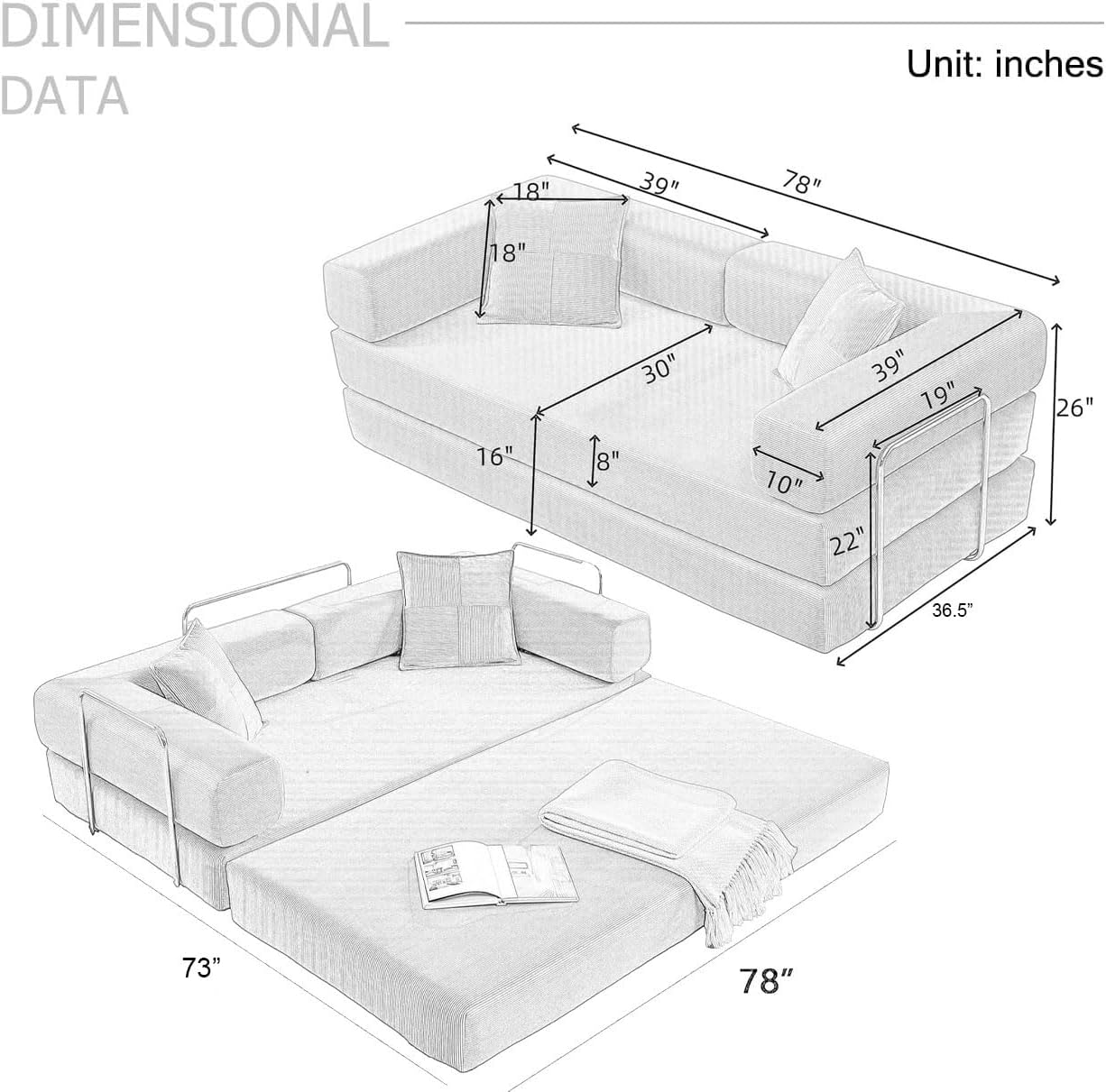 HANXIN 78 Inch Convertible Sleeper Sofa Bed, Folding Floor Mattress Couch with Fixed-Shape Frame, Futon Boneless Couch Lounge Loveseat with Pull Out Bed, No Assembly Required (Beige)