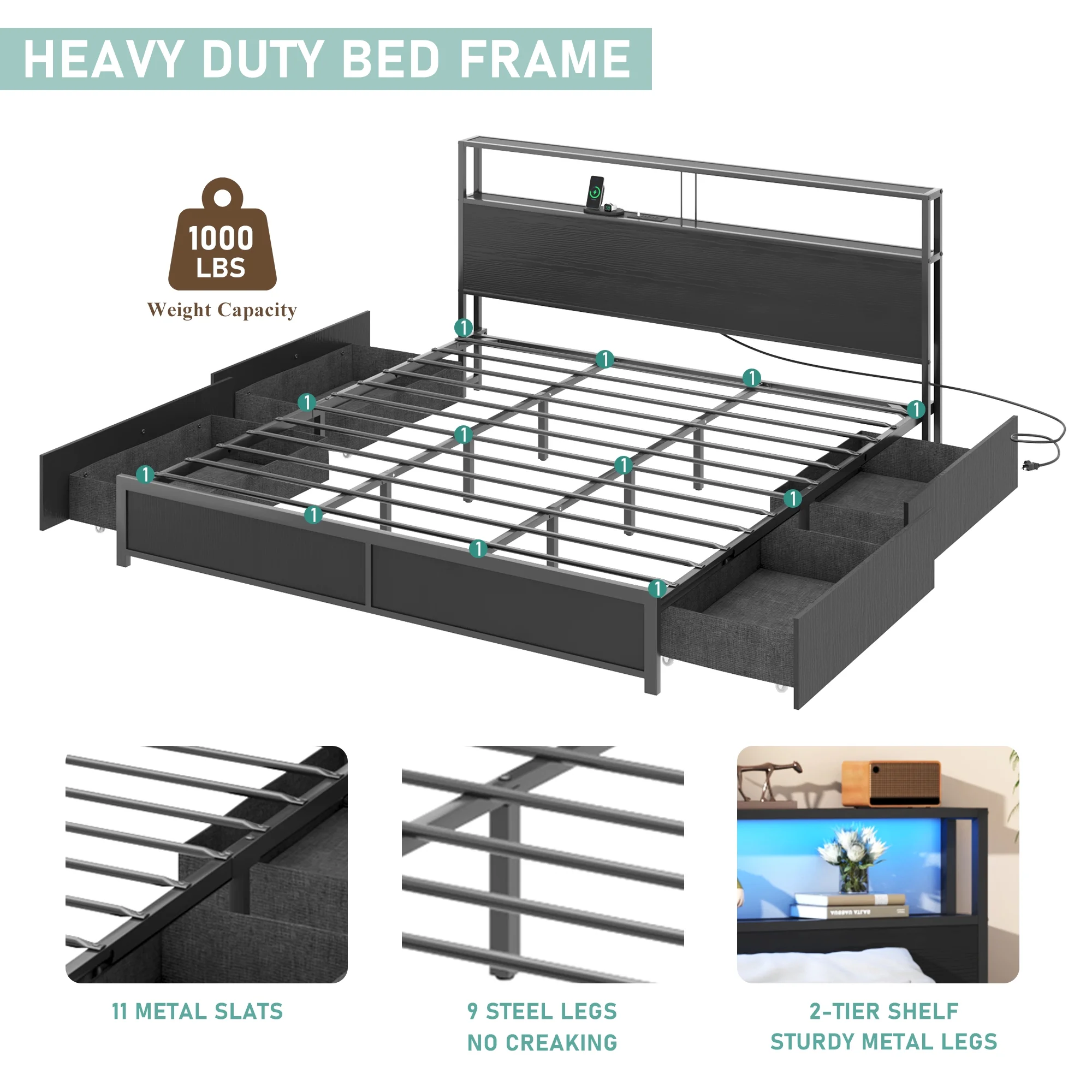 LED Full Bed Frame with Storage Headboard & 4 Drawers, Industrial Metal Platform Bed with Power Charging Station & USB Ports - Image 15