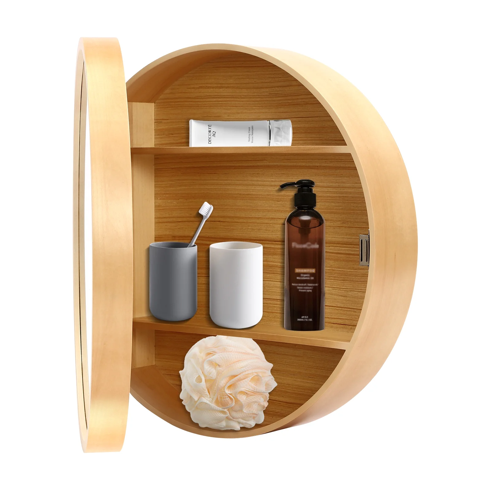 Wildnix Wall-Mounted Bathroom Mirror Cabinet, Round Storage Cabinet with Magnetic Door, Log Color Wood and Glass, Modern Design for Bathroom Essentials