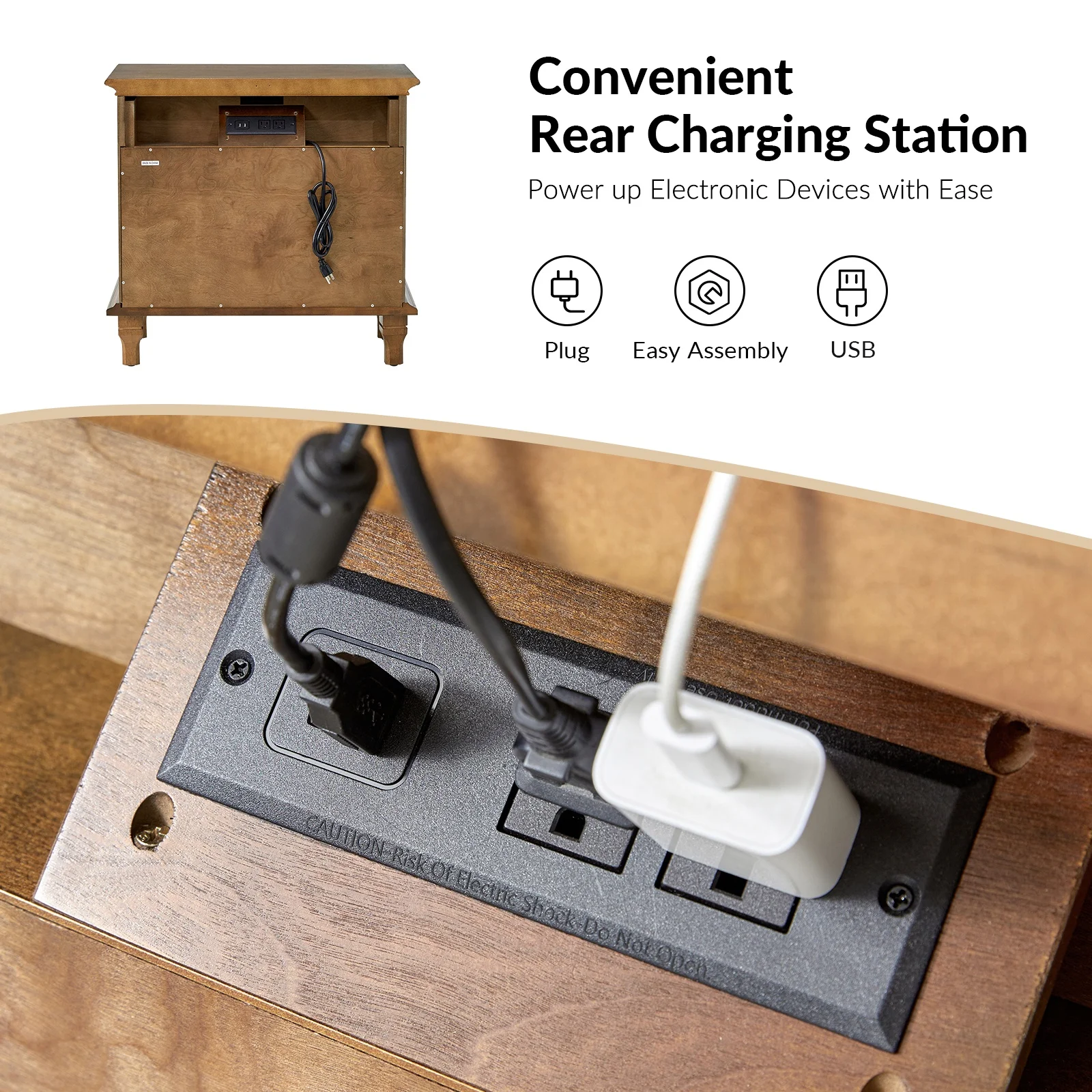 Farmhouse 3 Drawers Nightstand with Tray Bedside Table with Charging Station Acorn - Image 30