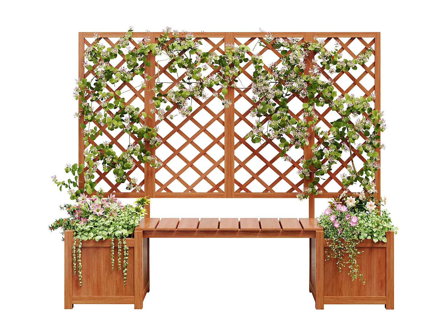 Lot de 2 Jardinière sur pièds avec Treillis en bois massif + 1 banc- 169 x 42 x 145 cm - Marron