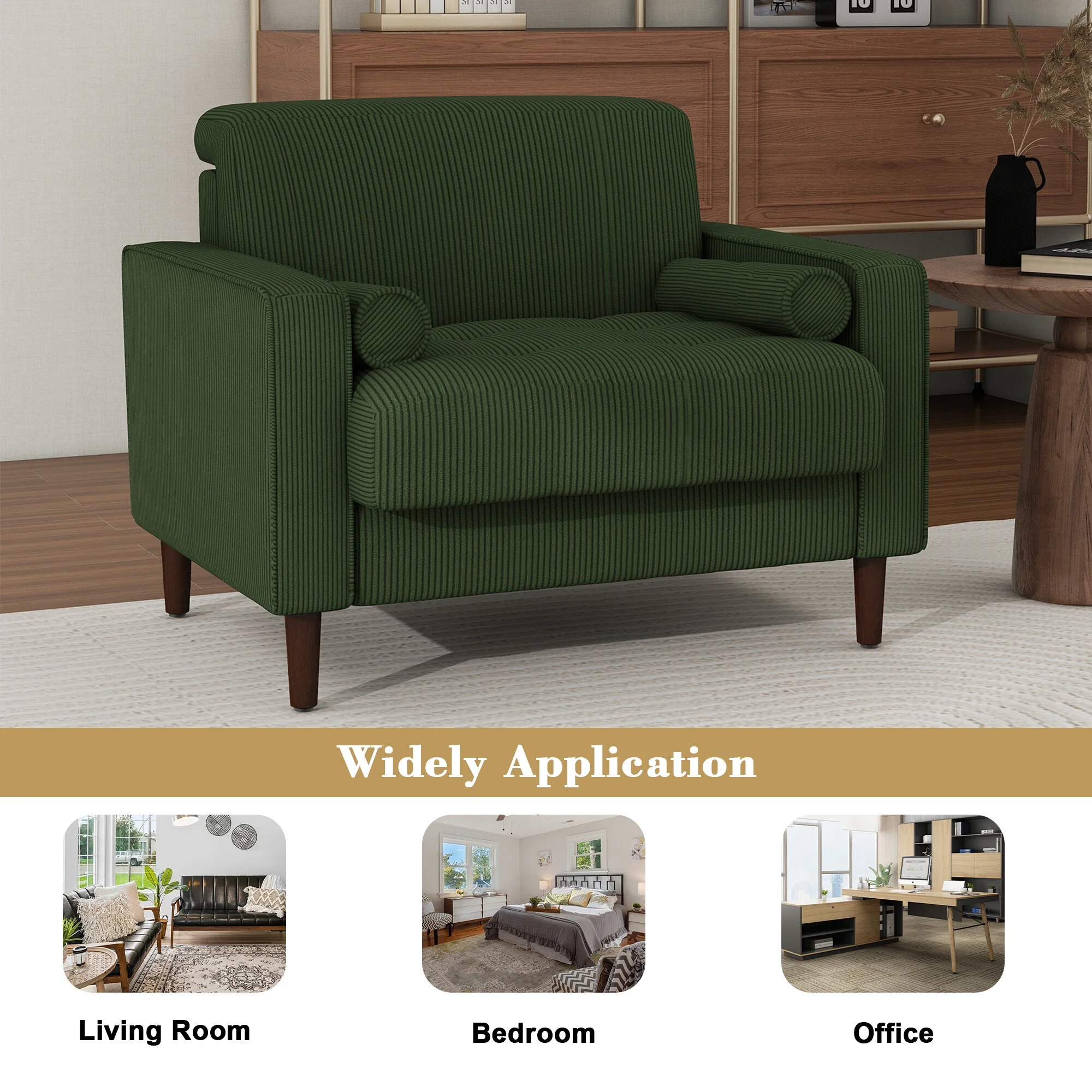 UIXE Corduroy Accent Chair Modern Upholstered Arm Chairs Comfy Reading Armchair with Pillow Armrest Tufted Living Room Single Sofa Lounge Seat, Yellow - Image 17