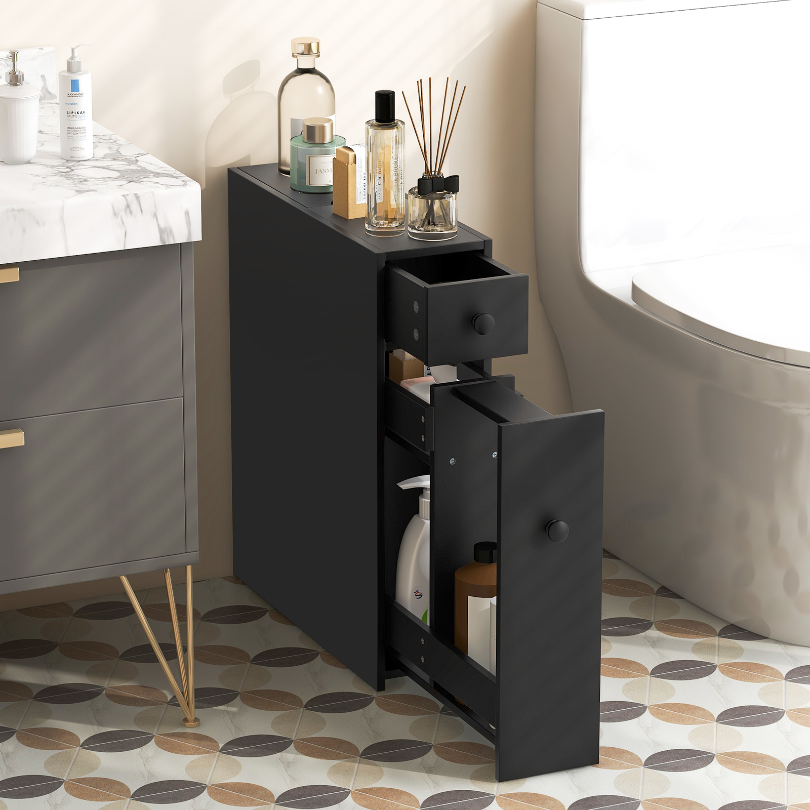 Topbuy Slim Bathroom Storage Cabinet Freestanding Toilet Paper Holder with Slide Out Drawers for Small Spaces White - Image 10