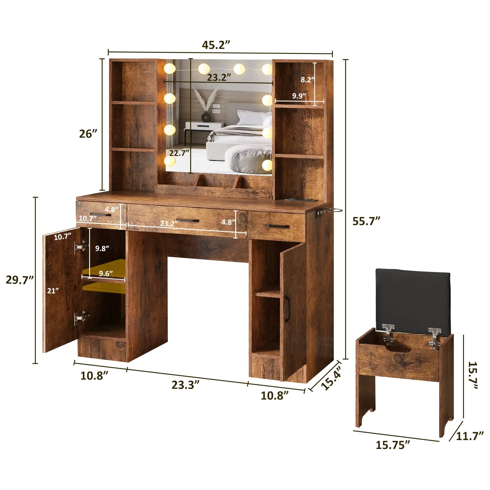 VEANERWOOD Large Makeup Vanity Set with Light Modern Makeup Vanity Table with Storage and Adjustable Lighting Colors for Bedroom 45.2in, White - Image 30