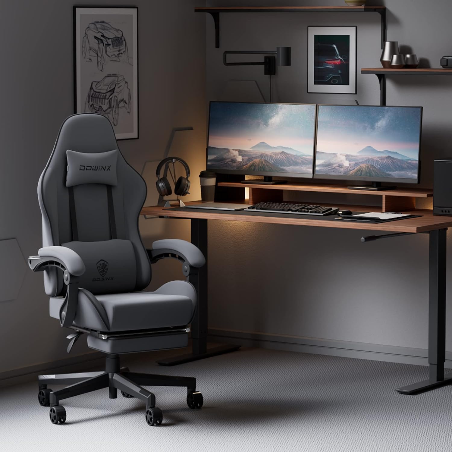 Dowinx Gaming Chair Fabric with Pocket Spring Cushion, Massage Game Chair Cloth with Headrest, Ergonomic Computer Chair with Footrest 290LBS, Grey