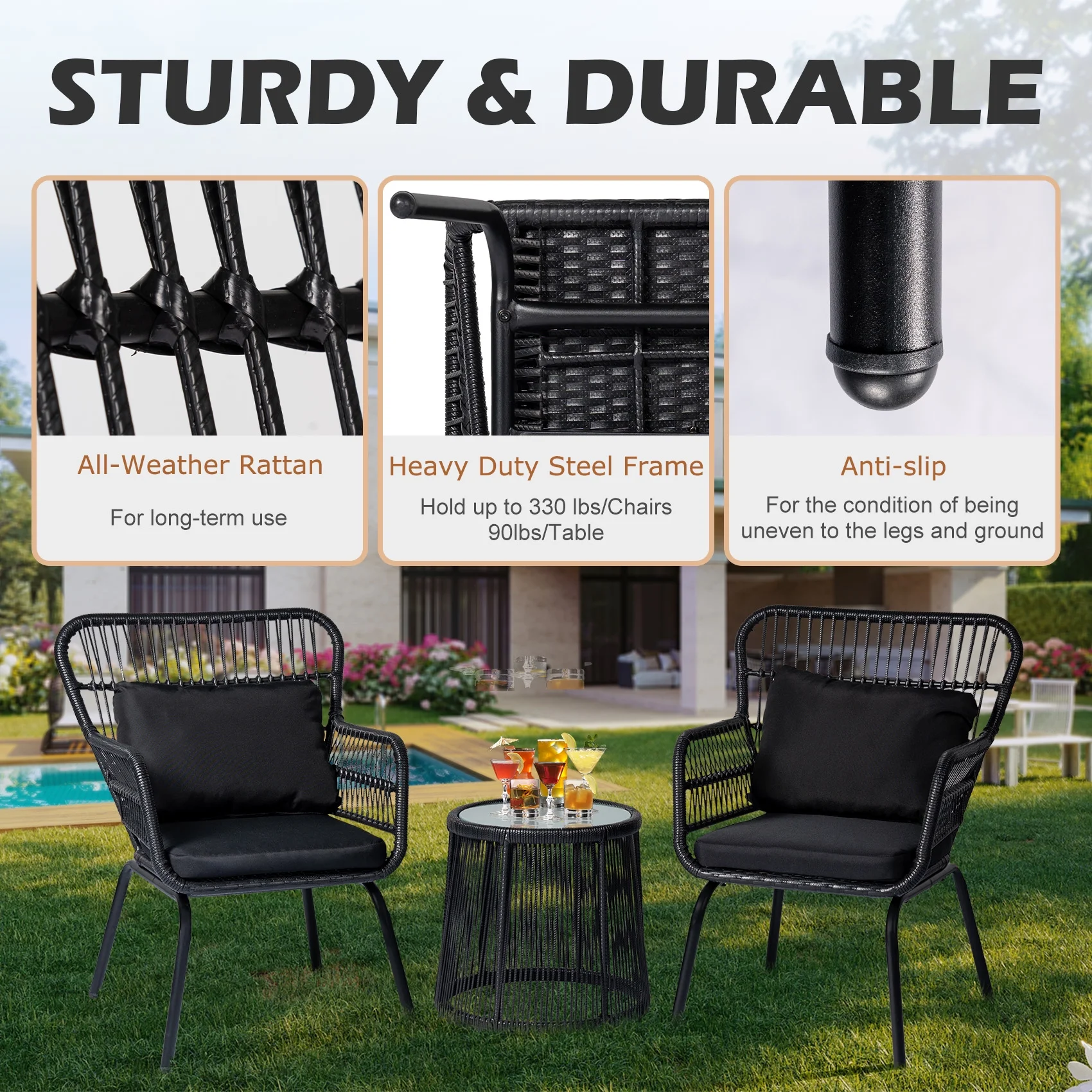 Tappio 3-Piece Patio Conversation Bistro Set Rattan Furniture, Outdoor Patio Set w/Glass Top Table & Cushions for Garden Balcony Backyard Poolside, Yellow/Beige - Image 14