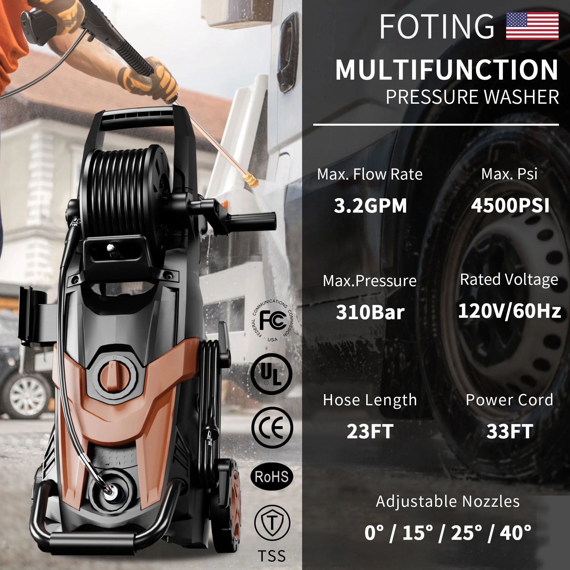 Electric Pressure Washer, 4500 PSI 3.2 GPM Power Washer with 4 Quick Connect Nozzles, High Pressure Cleaning Machine with Foam Cannon for Cars/Fences/Driveways/Patios/Home Cleaning
