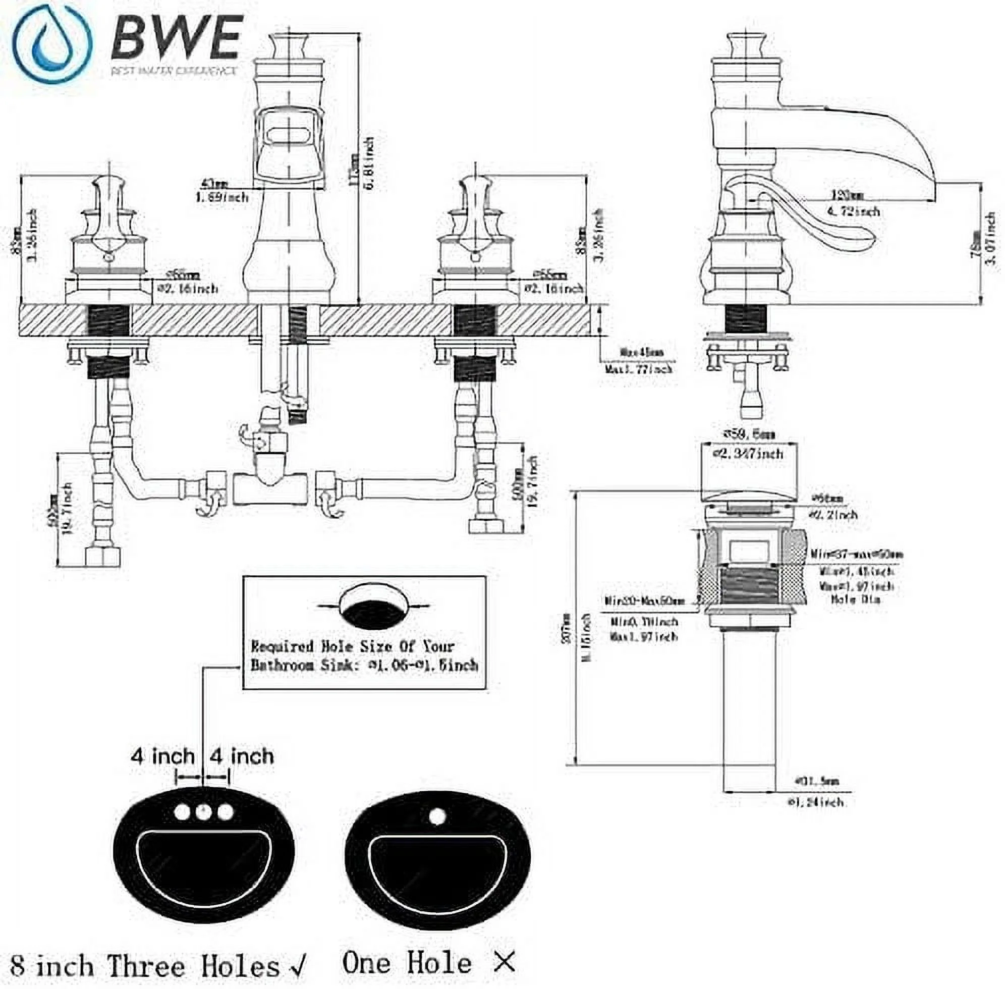 BWE 8 Inch Widespread Bathroom Faucet with Pop Up Drain with Overflow and Supply Line Waterfall 3 Holes Two-Handle Sink Faucets Lead-free Polished Chrome Lavatory Mixer Tap