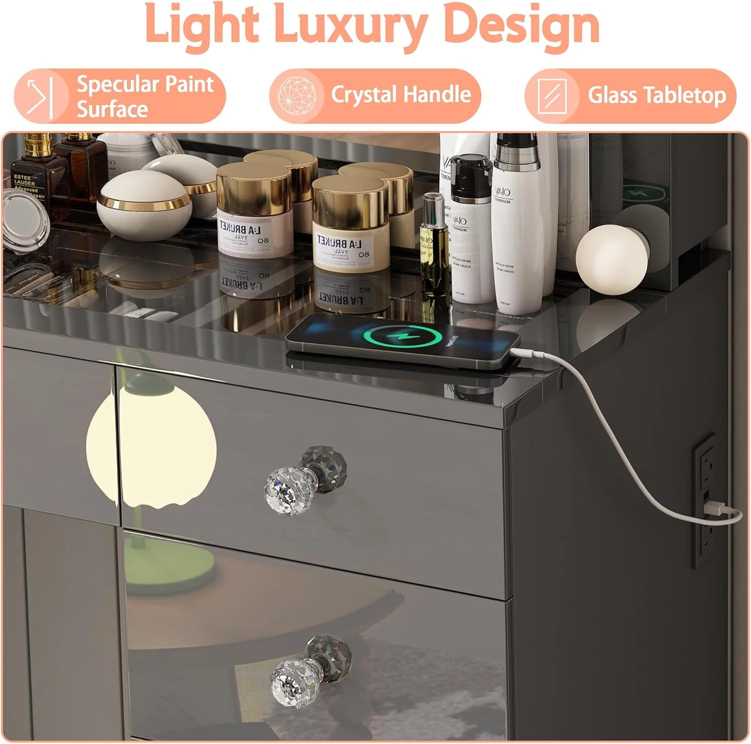 Vanity Desk with Power Outlet, Makeup Vanity with Mirror and 14 LED Light, 3 Lighting Modes,11 Drawer Vanity Table with Sliding Jewelry Storage, Glass Top, Specular Surface - Image 12
