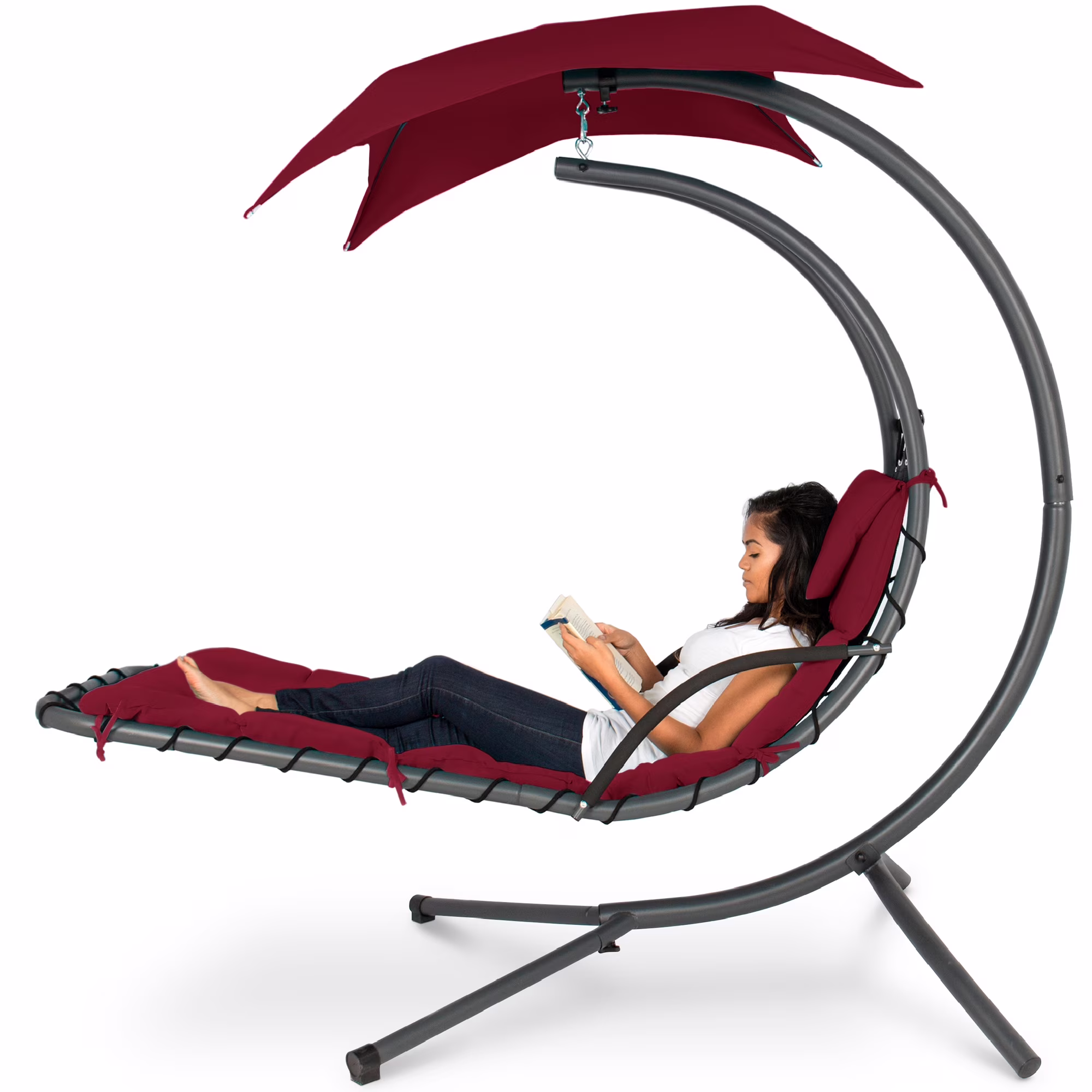 Best Choice Products Hanging Curved Chaise Lounge Chair Swing for Backyard, Patio w/ Pillow, Shade, Stand - Teal - Image 15