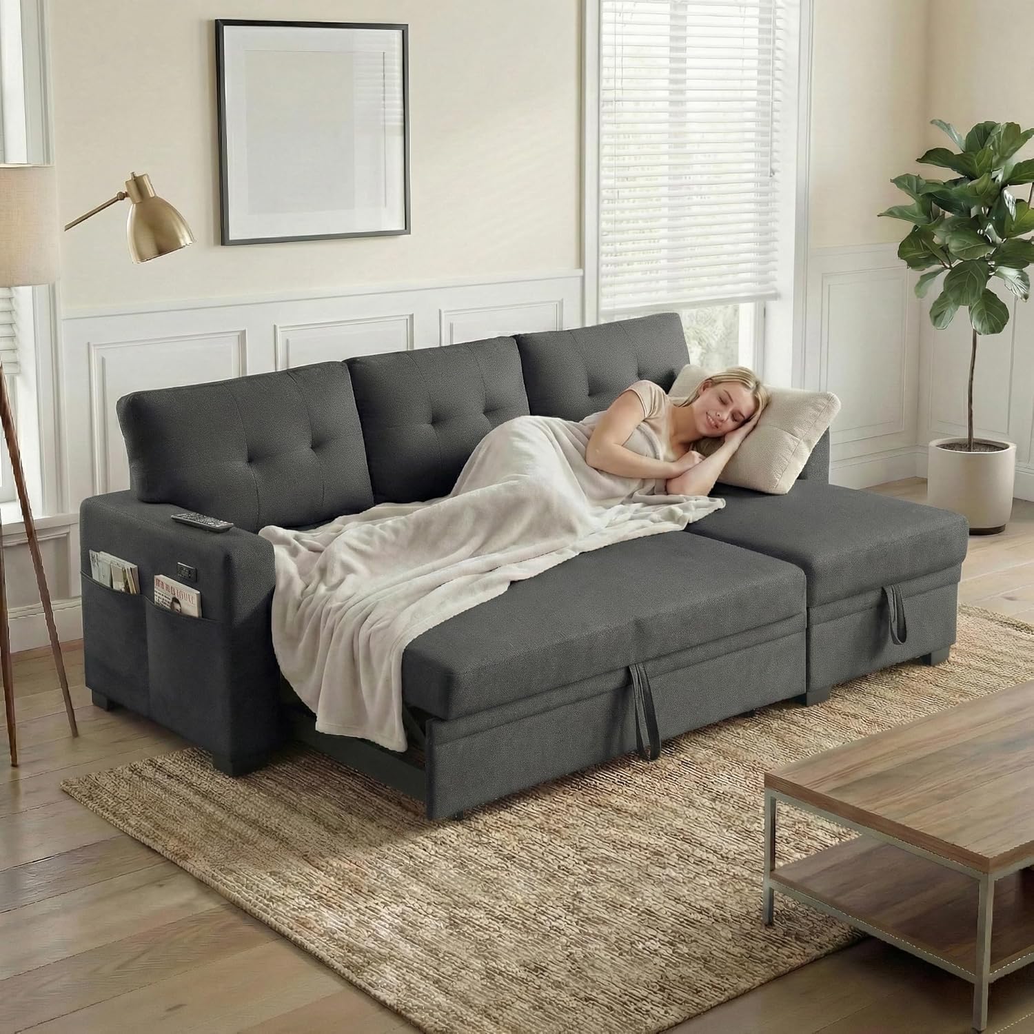 Convertible Sleeper Sofa Bed with Pull Out Couch, L Shaped Couch with Chaise Storage, USB Charge & Side Pocket, Small Sectional Couches for Living Room, Apartment | Linen Fabric | 82