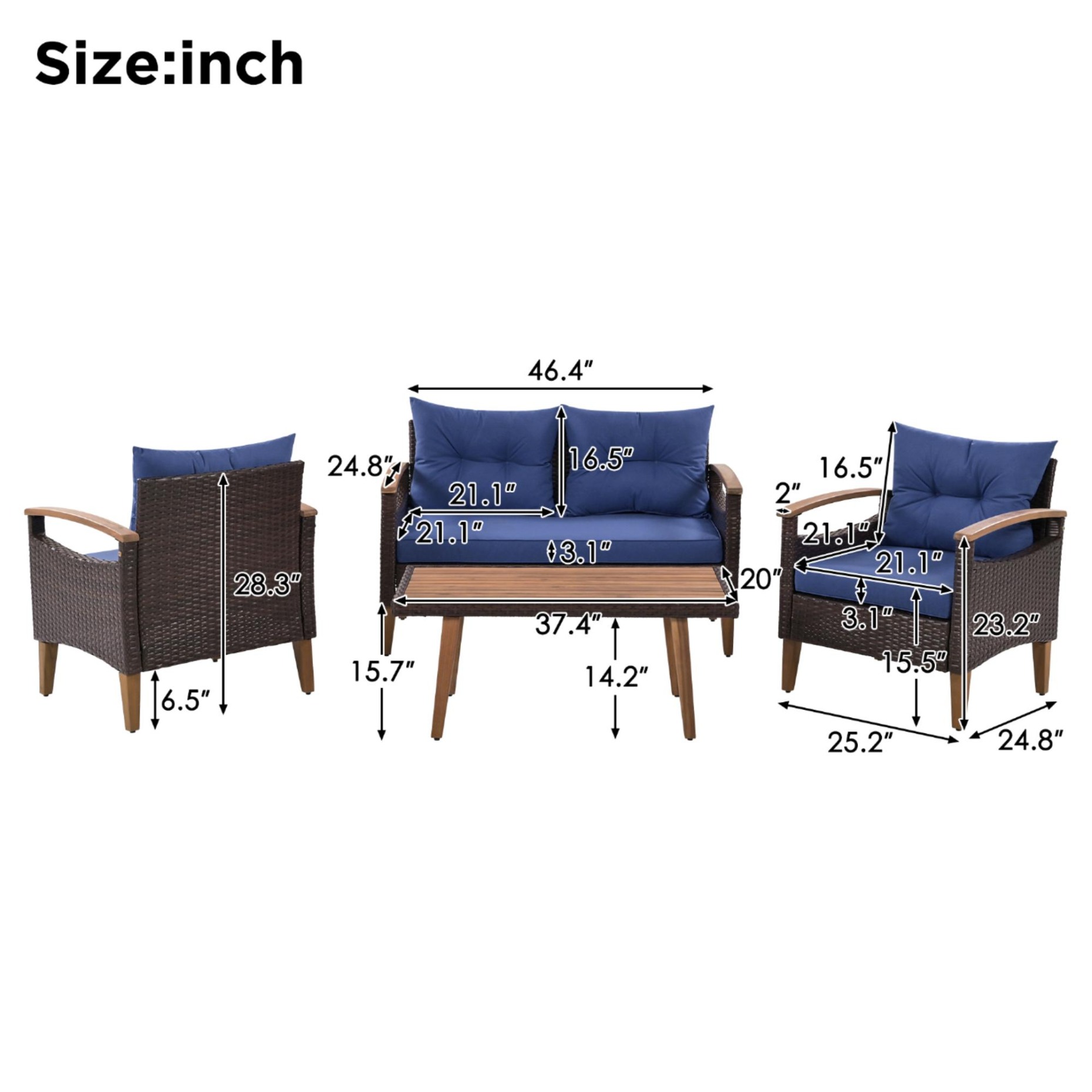 4 Piece Garden Furniture Set, Patio Seating Set with Wood Table, PE Rattan Sofa and 2 Chairs, Outdoor Conversation Set with Table Cover, Pillows and Adjustable Feet, Brown+Beige - Image 15