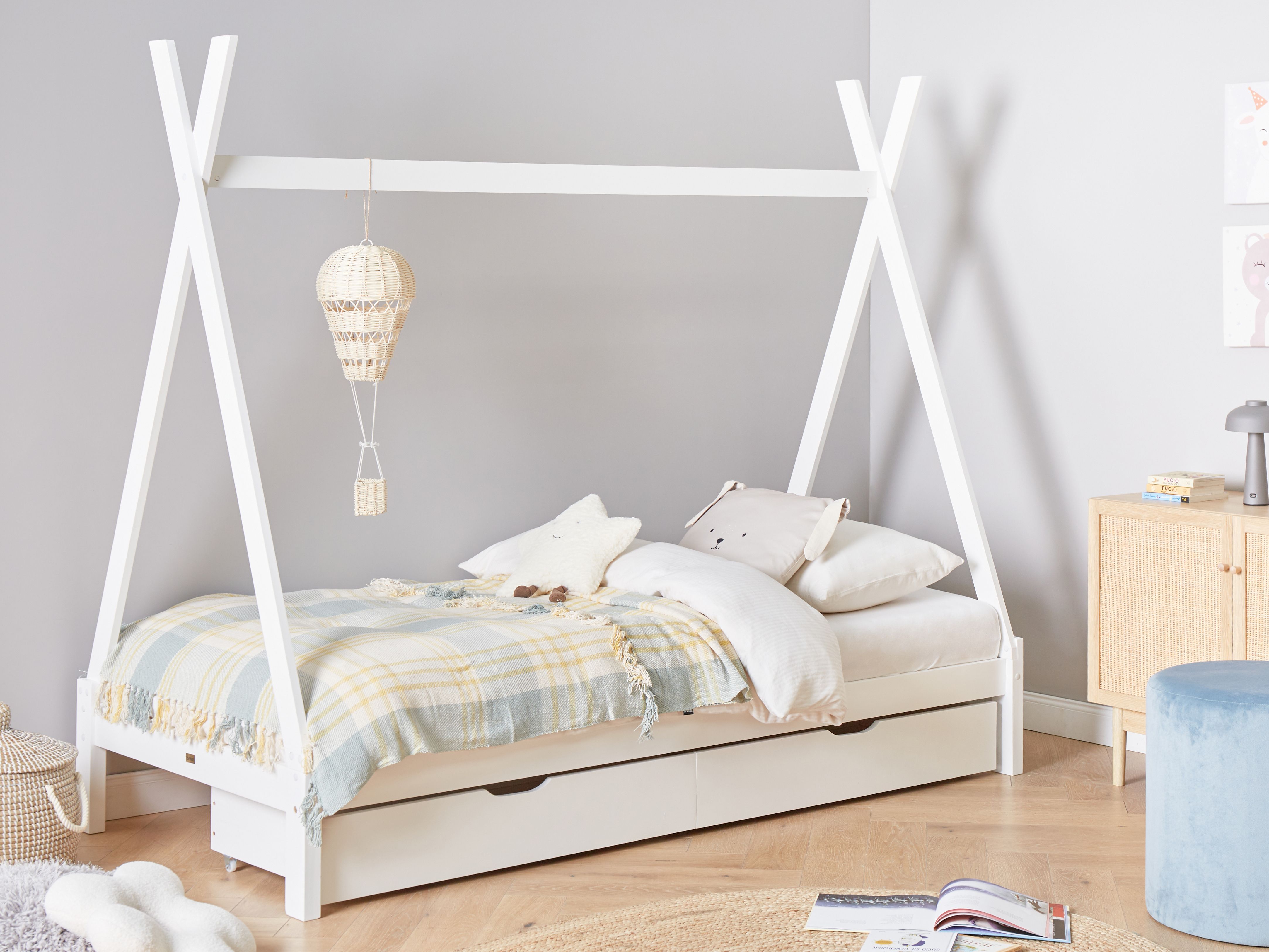 Kids Bed with Drawers Teepee Pine Wood DEVAY 90 x 200 cm (EU Single) White