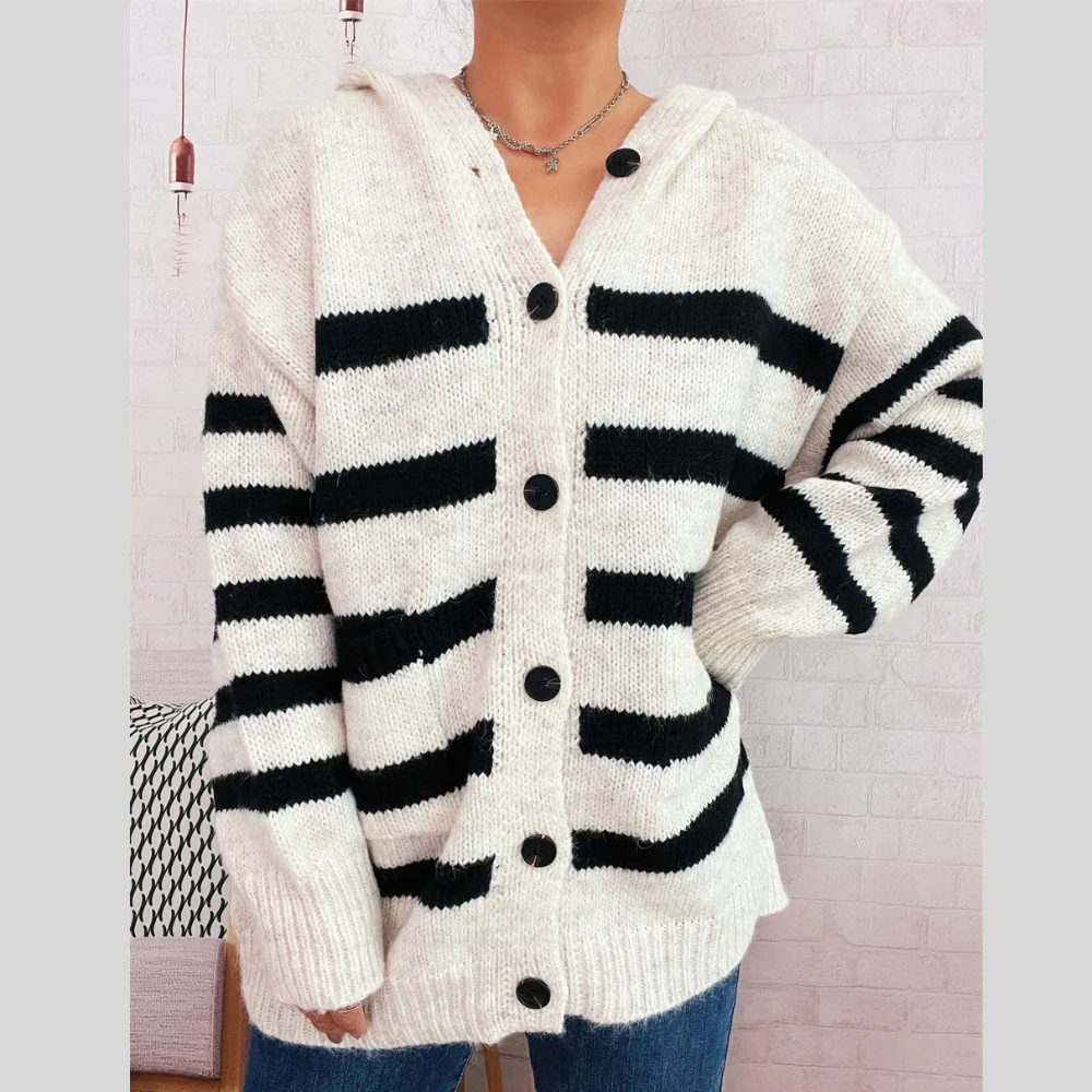 Striped Button-Up Hooded Cardigan - ZKZOOK