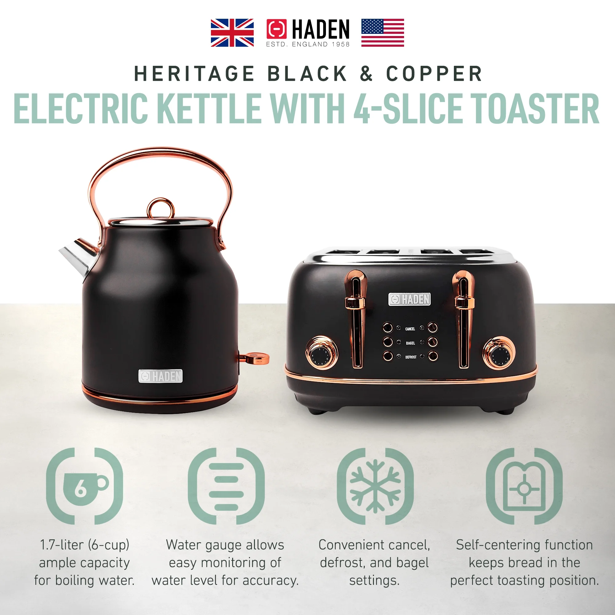 Haden Heritage 1500 1.7 Electric Kettle, Matte Black Finish with Copper Accents