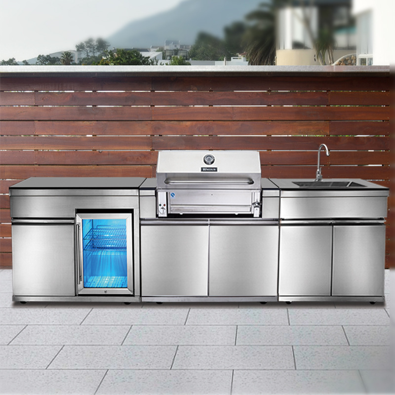 Vimo Sheng High-End Modern Outdoor Kitchen Stainless Steel Powder Coated Charcoal BBQ LPG 3-Burner Flame Safety Easily Assembled