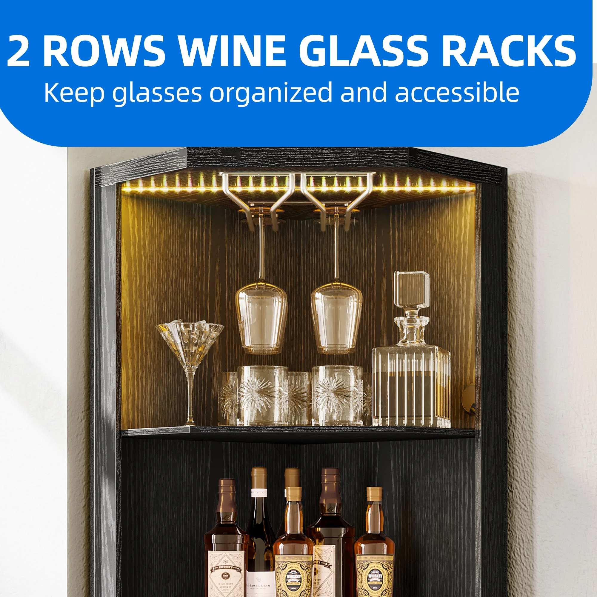 Dextrus 67" Corner Bar Cabinet with LED Lights, Wine Glass Holder & Storage Shelves, Black - Image 5