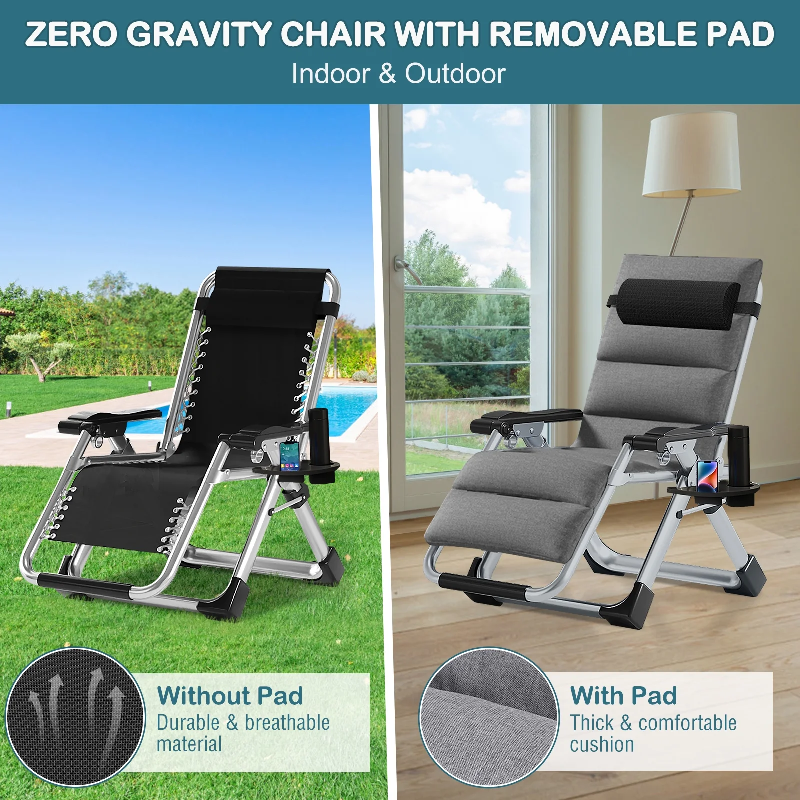 NAIZEA Zero Gravity Chair with Removable Cushion and Cup Holder Black - Image 51
