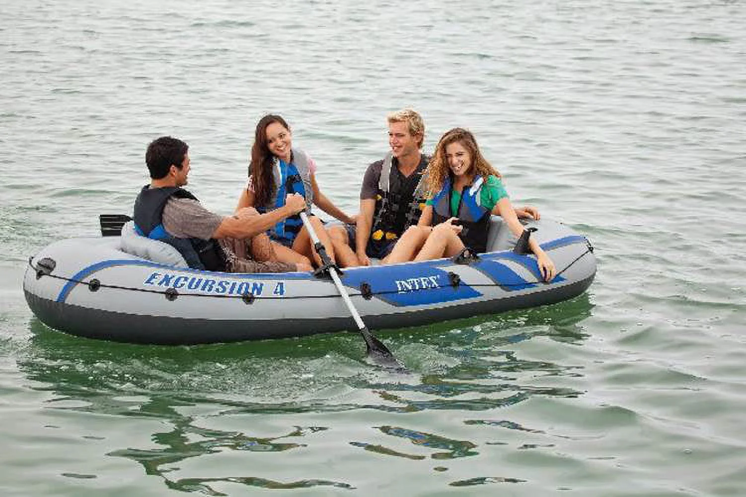 Intex Excursion 4 Inflatable Raft Set w/ 2 Transom Mount 8 Speed Trolling Motors - Image 6