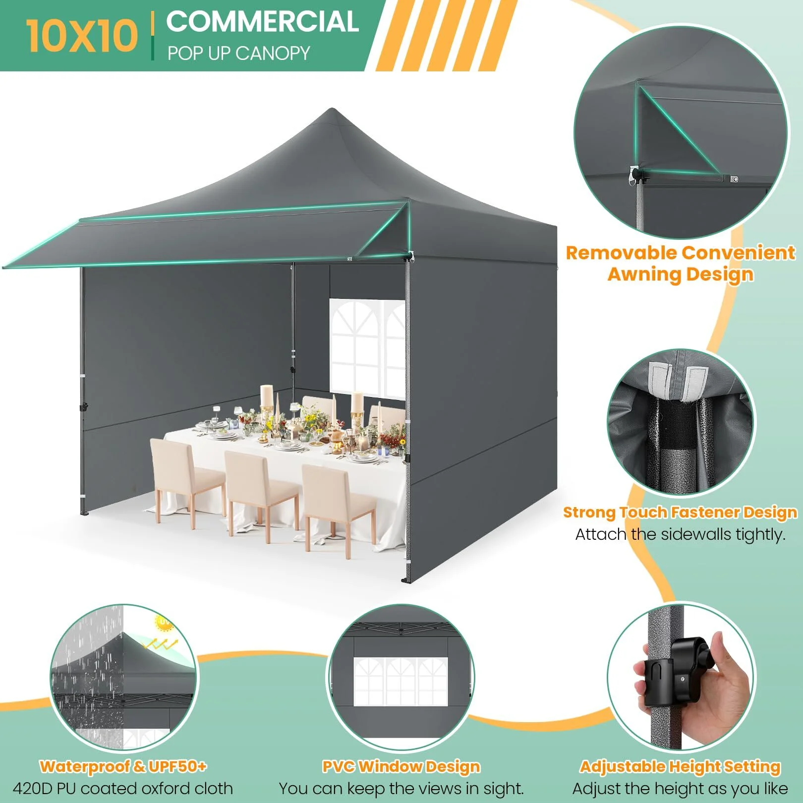 COBIZI 10x20 Pop Up Canopy Heavy Duty Party Tent with Removable Awning and Sidewalls,Easy Up Outdoor Wedding Canopy,Gazebo All Season Windproof&Waterproof with Roller Bag UPF 50+,Black - Image 25