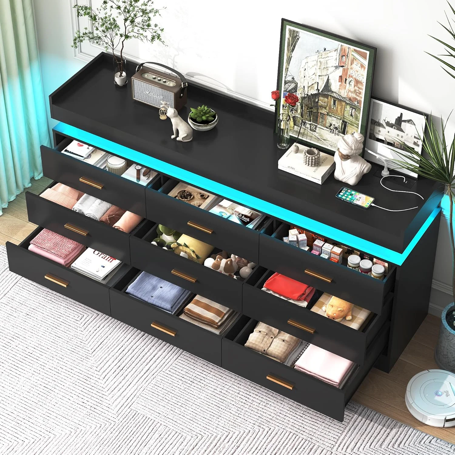 ANPOO 9 Drawer Dresser with LED Lights and Charging Station, Modern Double Wide Chest of Drawers with Power Outlet for Bedroom, Living Room