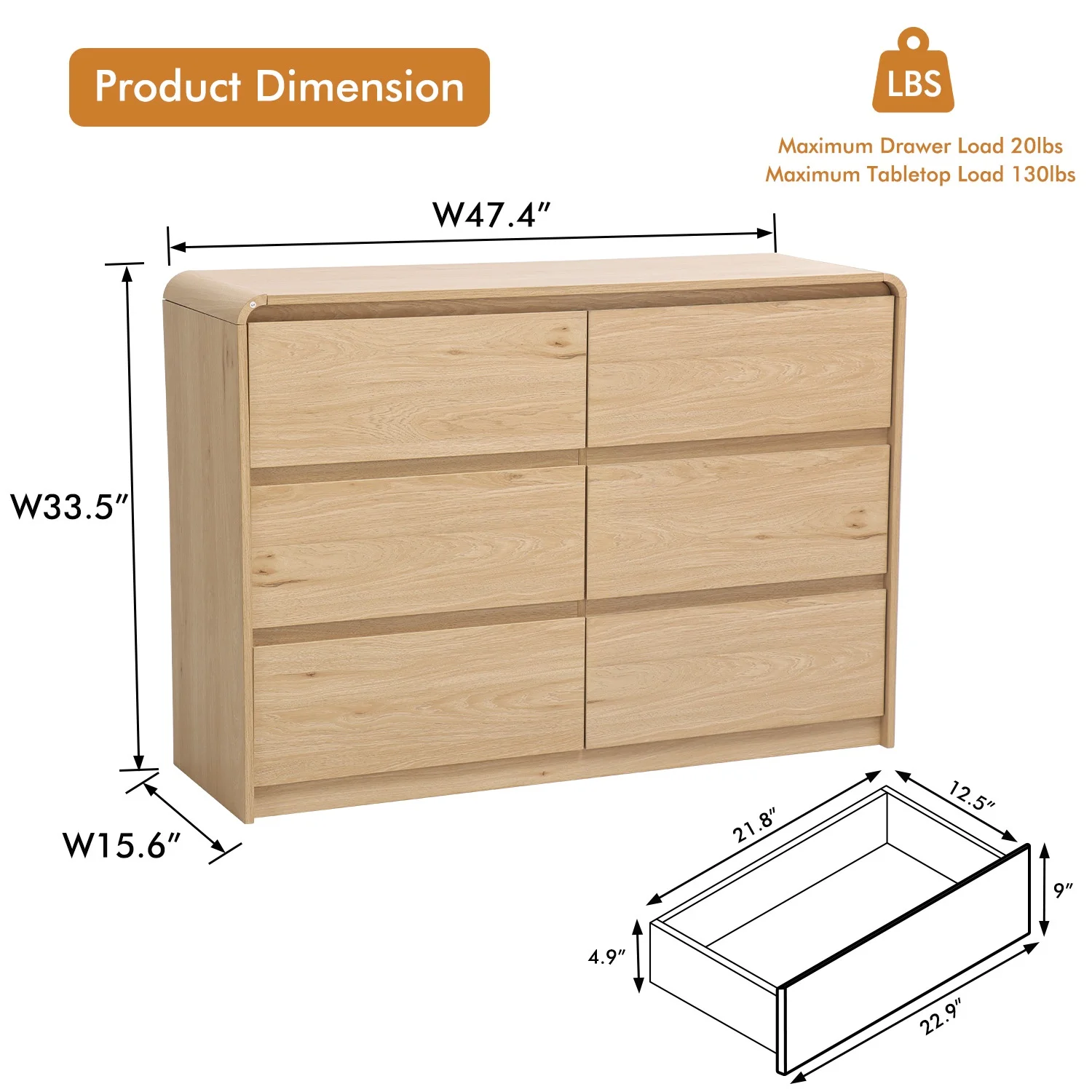 JULY'S SONG 6 Drawer Dresser with Smooth Curved Edges, Handless Wood Dressers for Bedroom, Chest of Drawers for Living Room, Light Brown