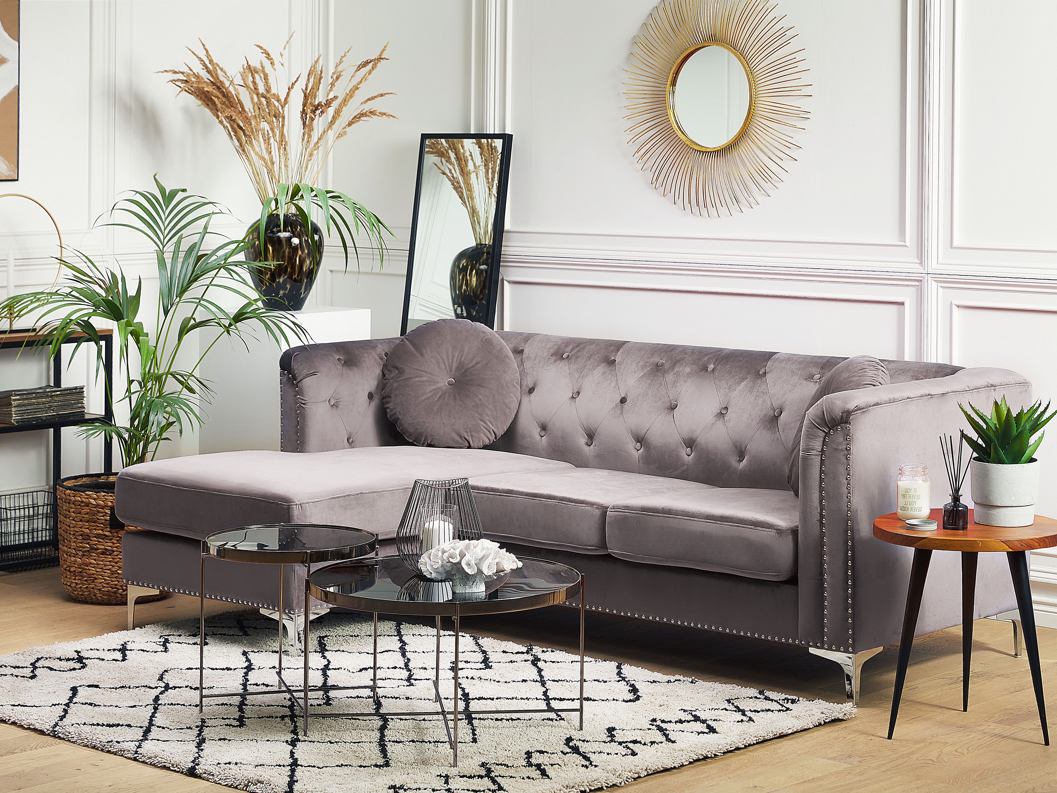 Corner Sofa 3 Seater FLEN Velvet Grey Right Hand
