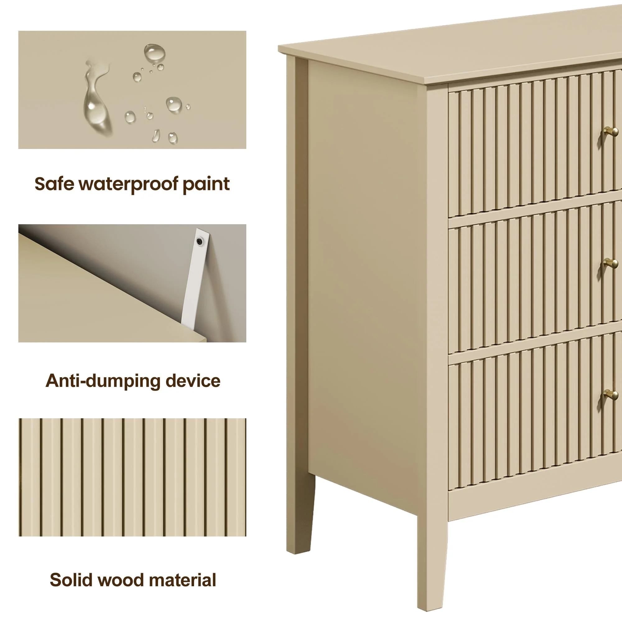 Heynemo Beige 6 Drawer Dresser, Fluted Modern Wood Chest - Image 10