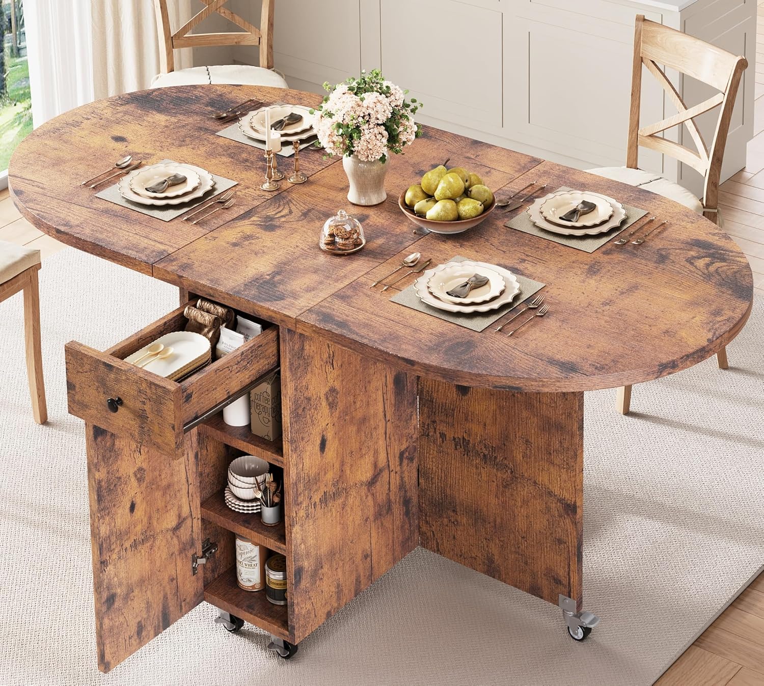 Jocoevol Round Folding Dining Table for 6, Space Saving Drop Leaf Kitchen Table with Storage Drawer, 6 Wheels Oval Gateleg Foldable Dining Table for Small Spaces (Vintage, 51