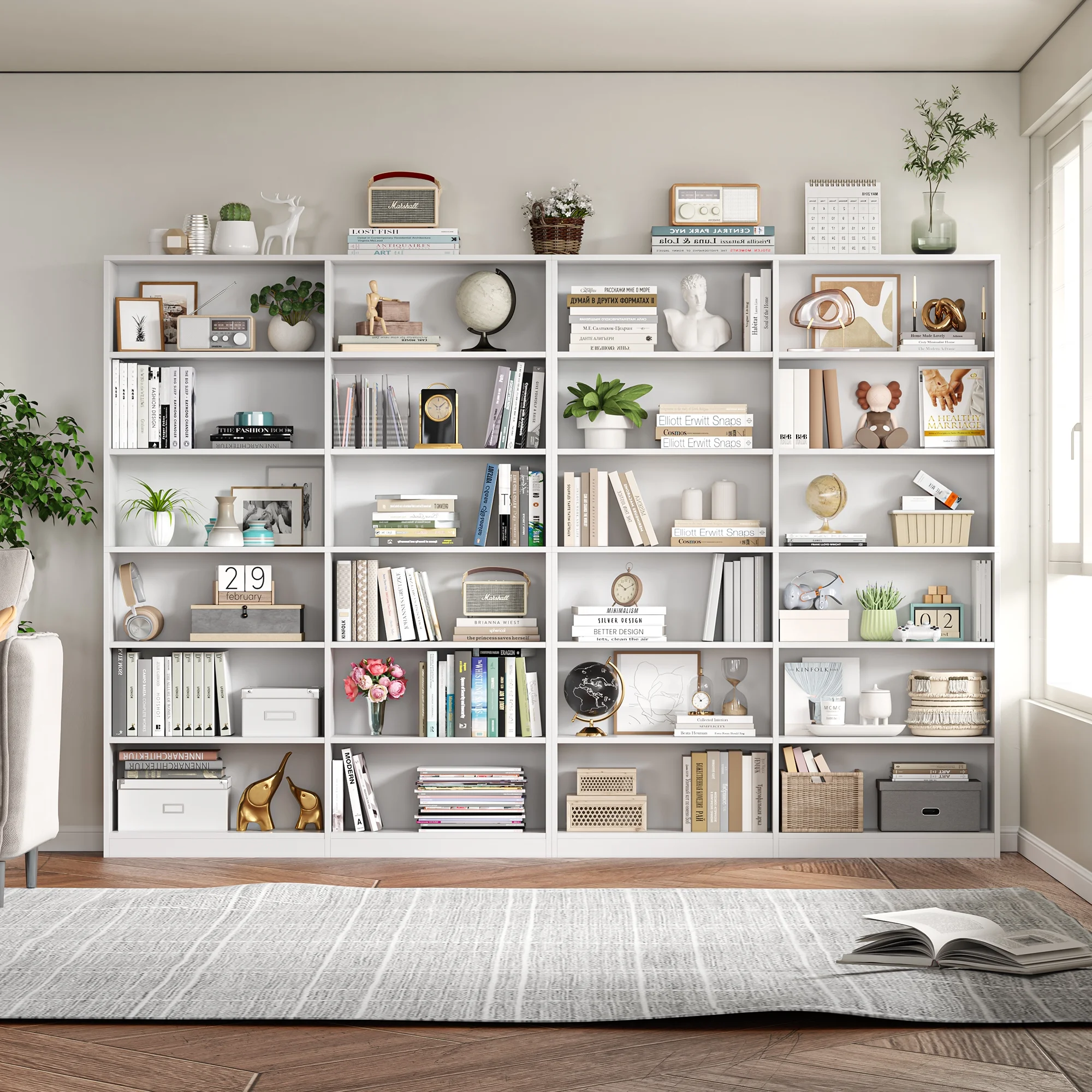 Homfa 74.3�� Double Wide 6-Tier Bookcase, Extra Large Wooden Freestanding Display Bookshelf for Home Office Living Room, White