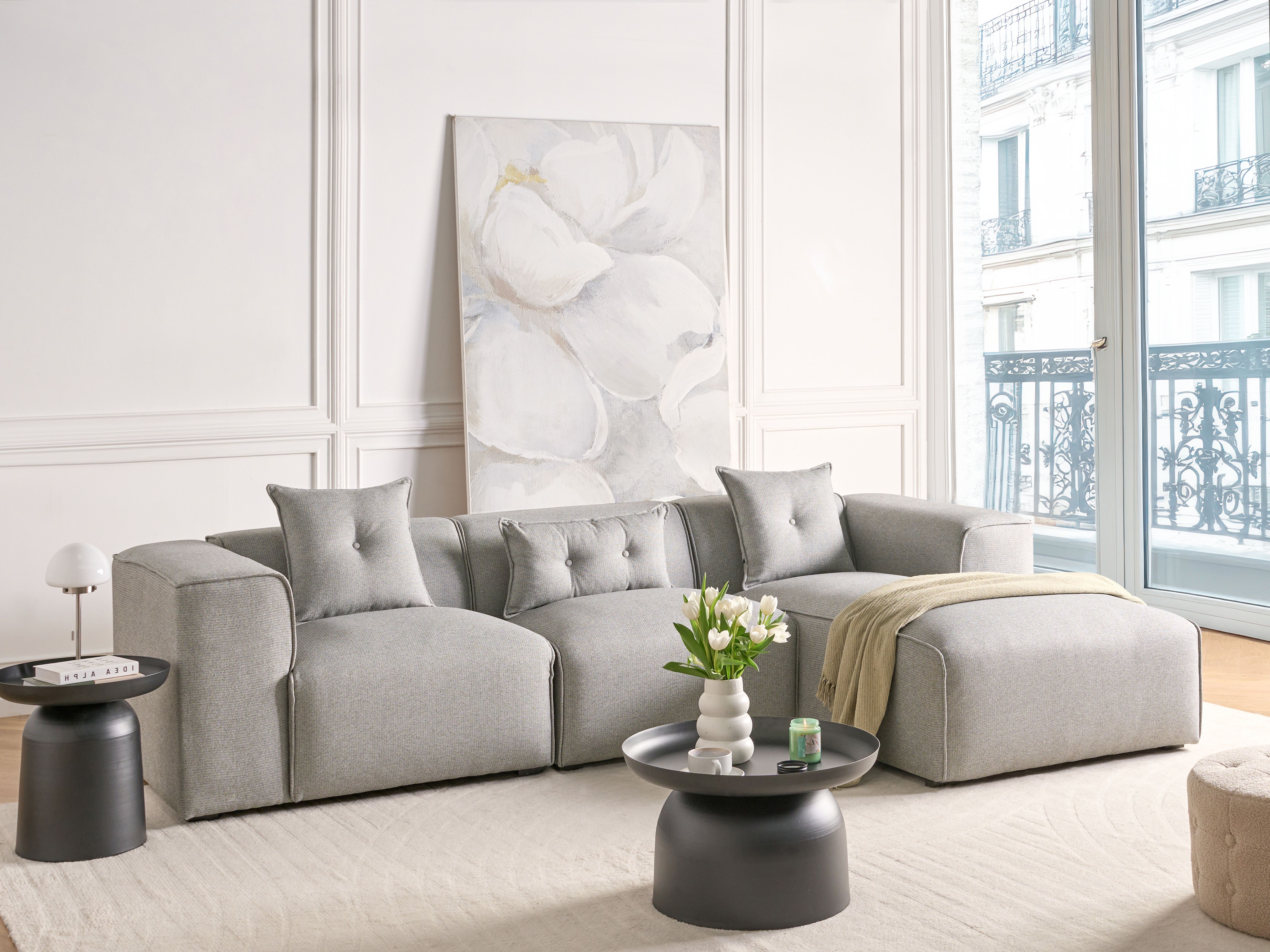 Corner Sofa 3 Seater DOLVA Fabric Light Grey Left Hand