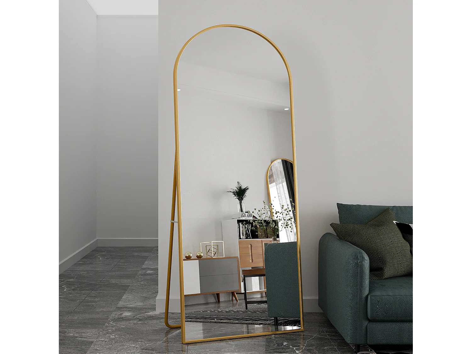 Miroir sur pied - Cadre en métal - 180 x 80 cm - arc - pour salon ou dressing - or
