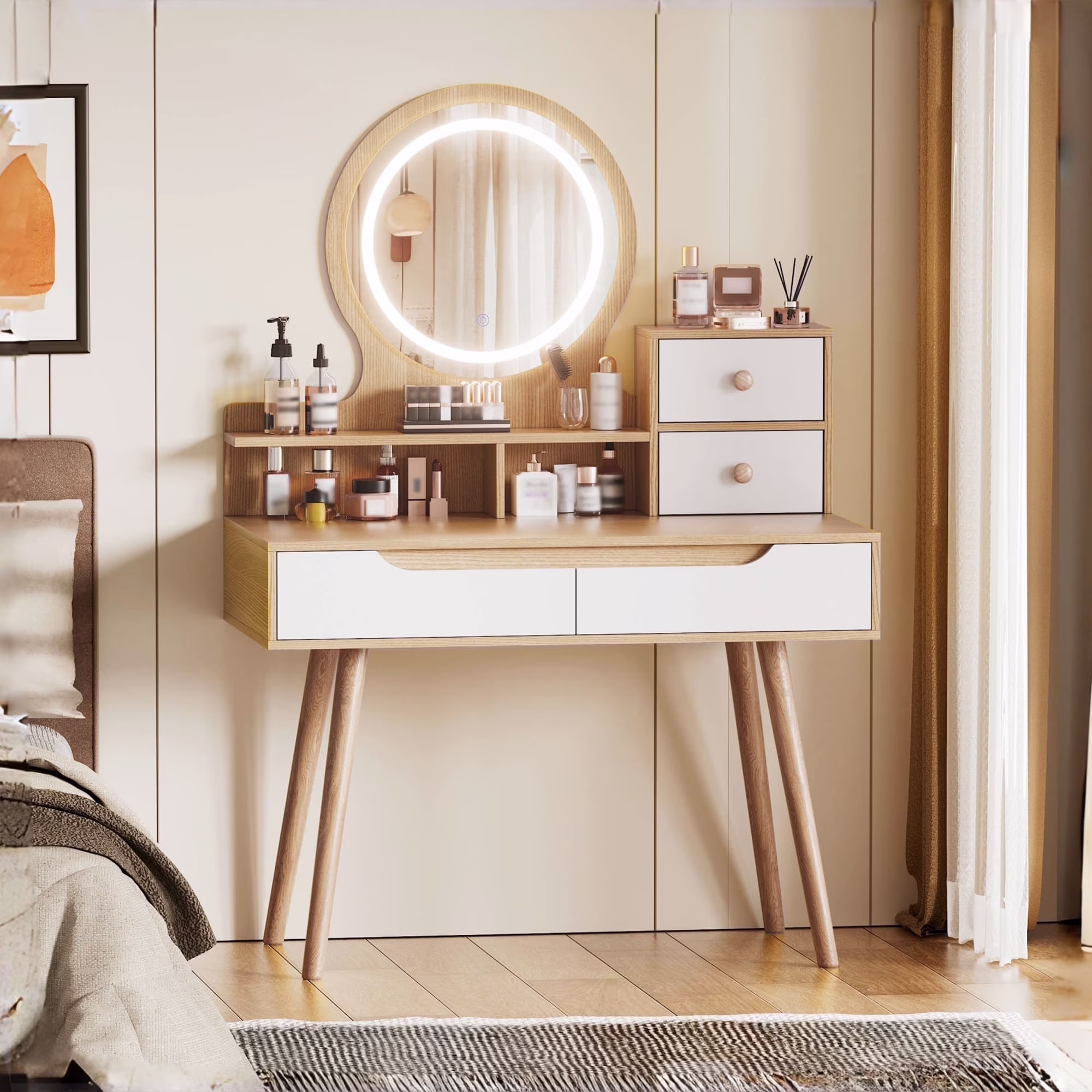 Montary Modern Mini Vanity w/Adjustable LED Mirror + Hidden Storage, Padded Stool & Dustproof Shelves (White) - Image 28