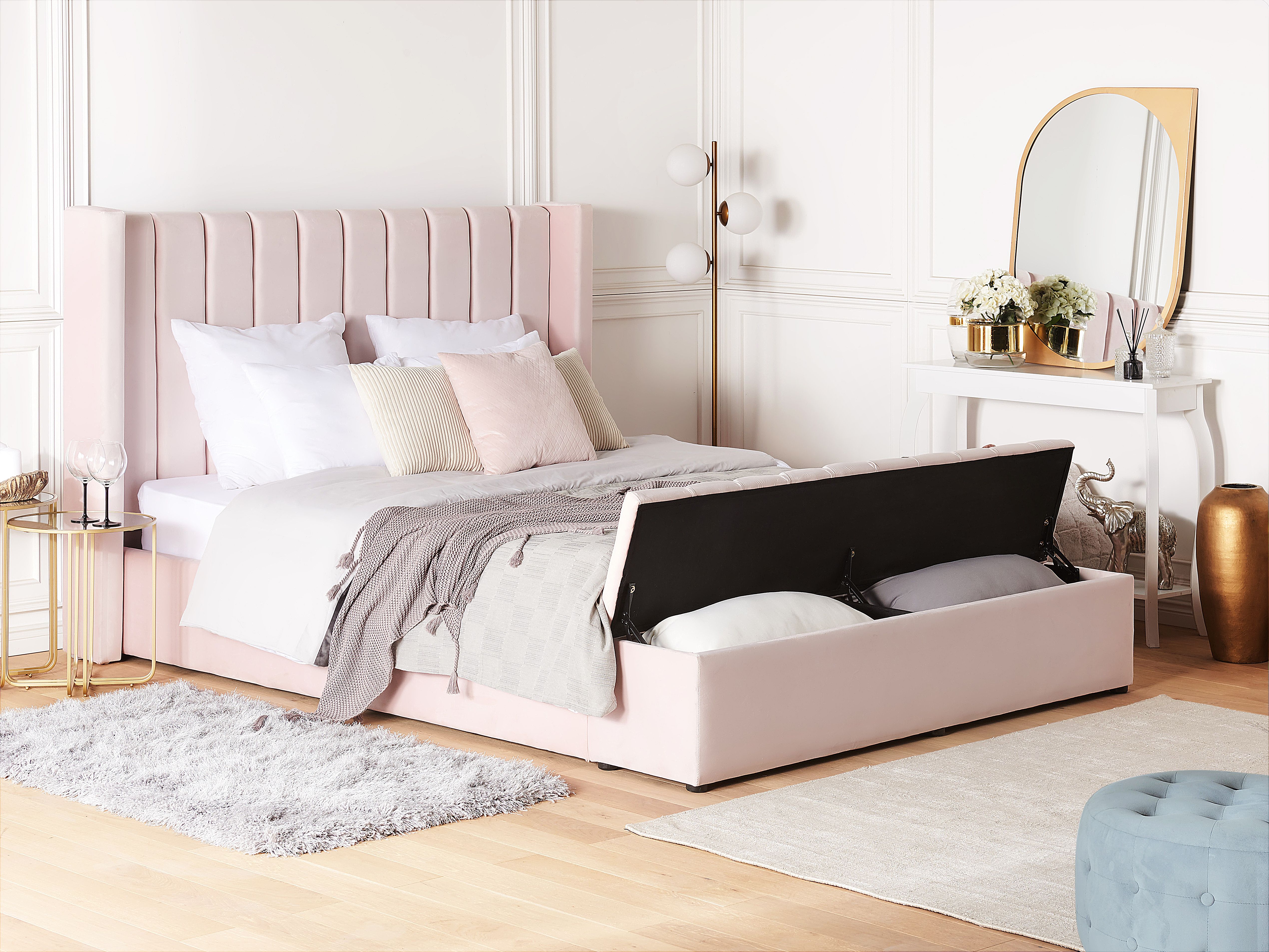 Waterbed with Storage Bench Velvet NOYERS 180 x 200 cm (EU Super King) Pastel Pink