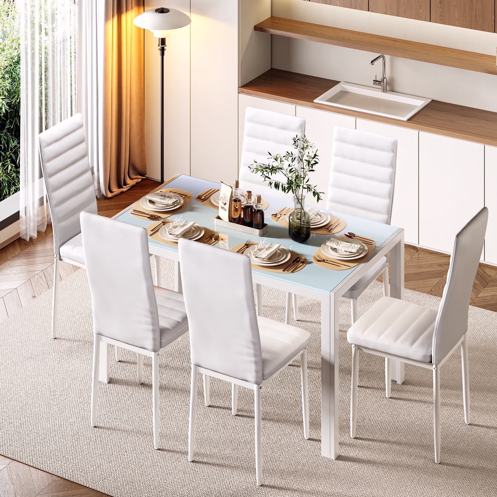 Asofer Modern 7 Piece Dining Table Sets for 6, Glass Kitchen Table, PU Leather Chair, Dining Room, Black - Image 3