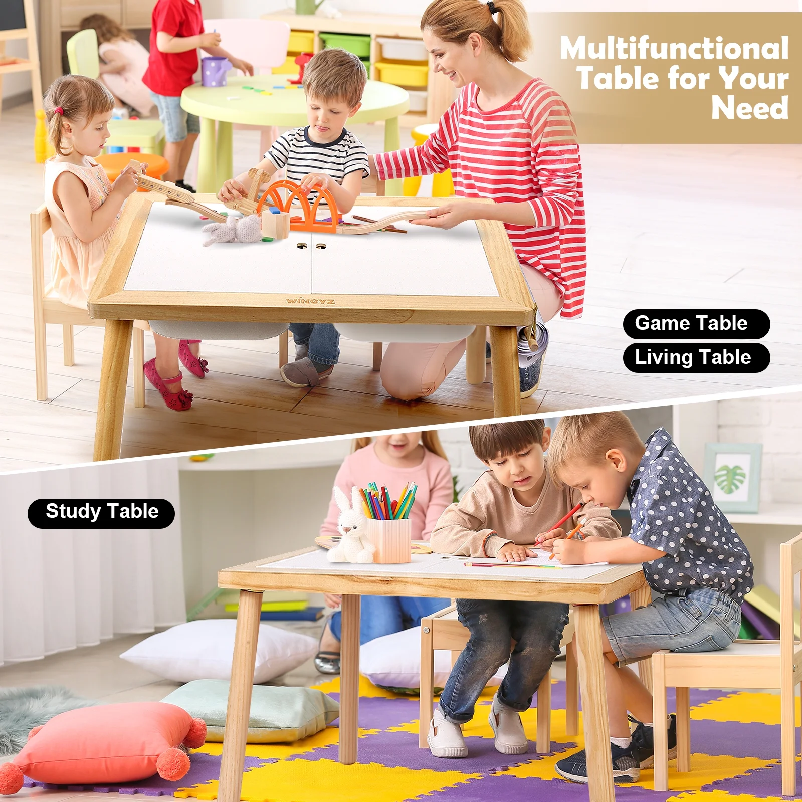 Sweet Time Toddler Sensory Table Chairs, Wood Kids Activity Table with Storage Play Study Furniture - Image 12