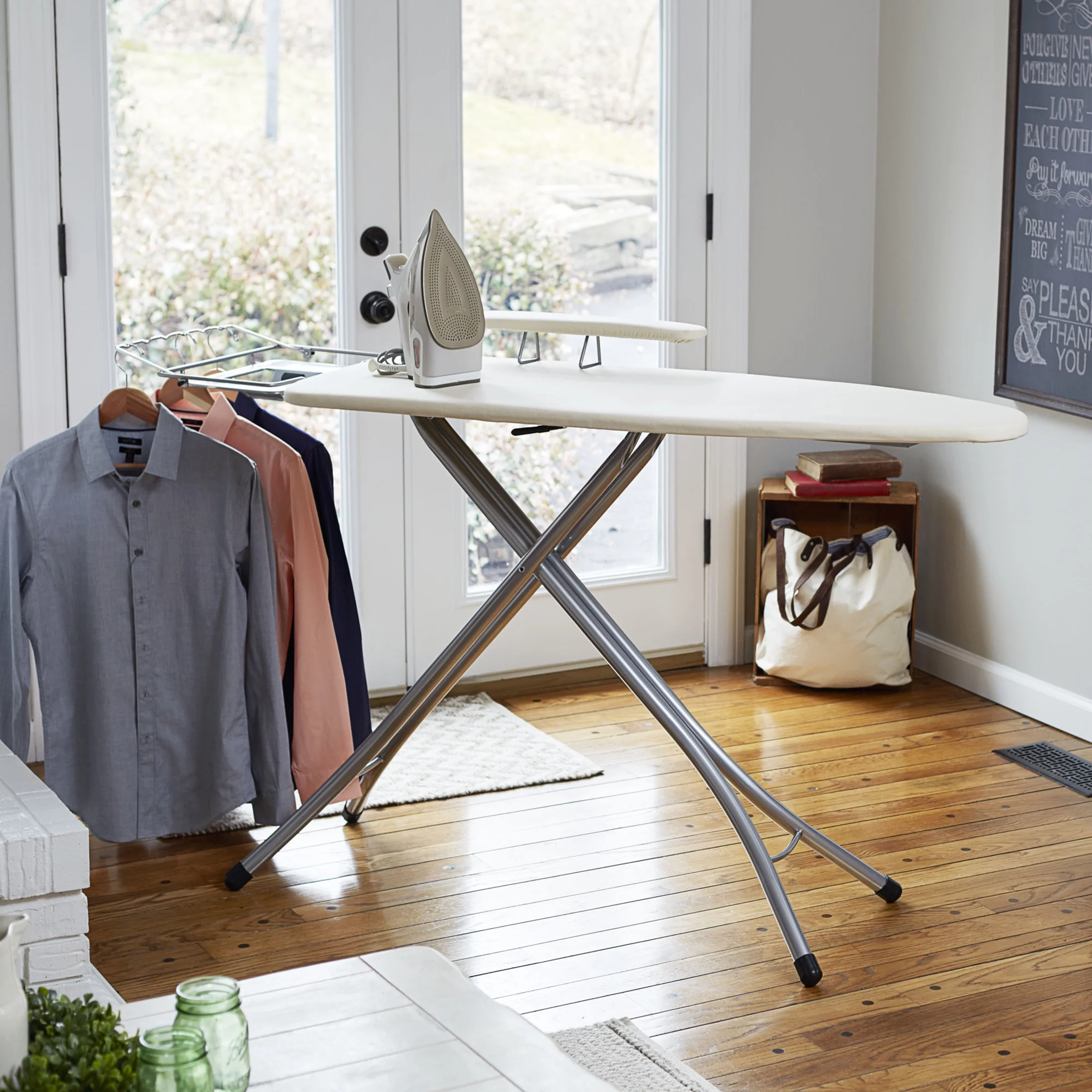 Household Essentials Wide Mega Ironing Board 4-Leg, Steel Top Pressing Station, Heat-Resistant Fiber Pad and Cotton Cover, Includes Sleeve Board and Iron Rest with Hanger Bar, Silver Frame - Image 9