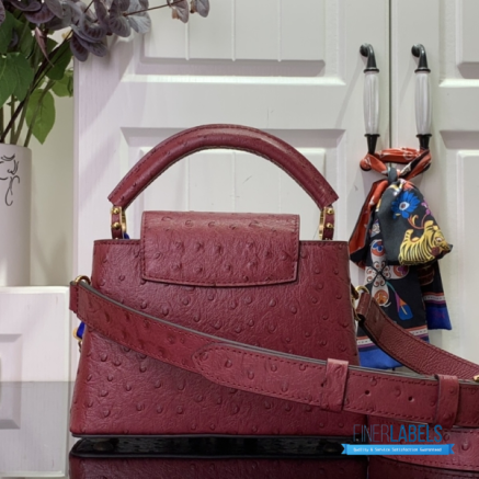 Burgundy Ostrich Leather Mini Handbag with Pearl Chain1:1High-quality replica