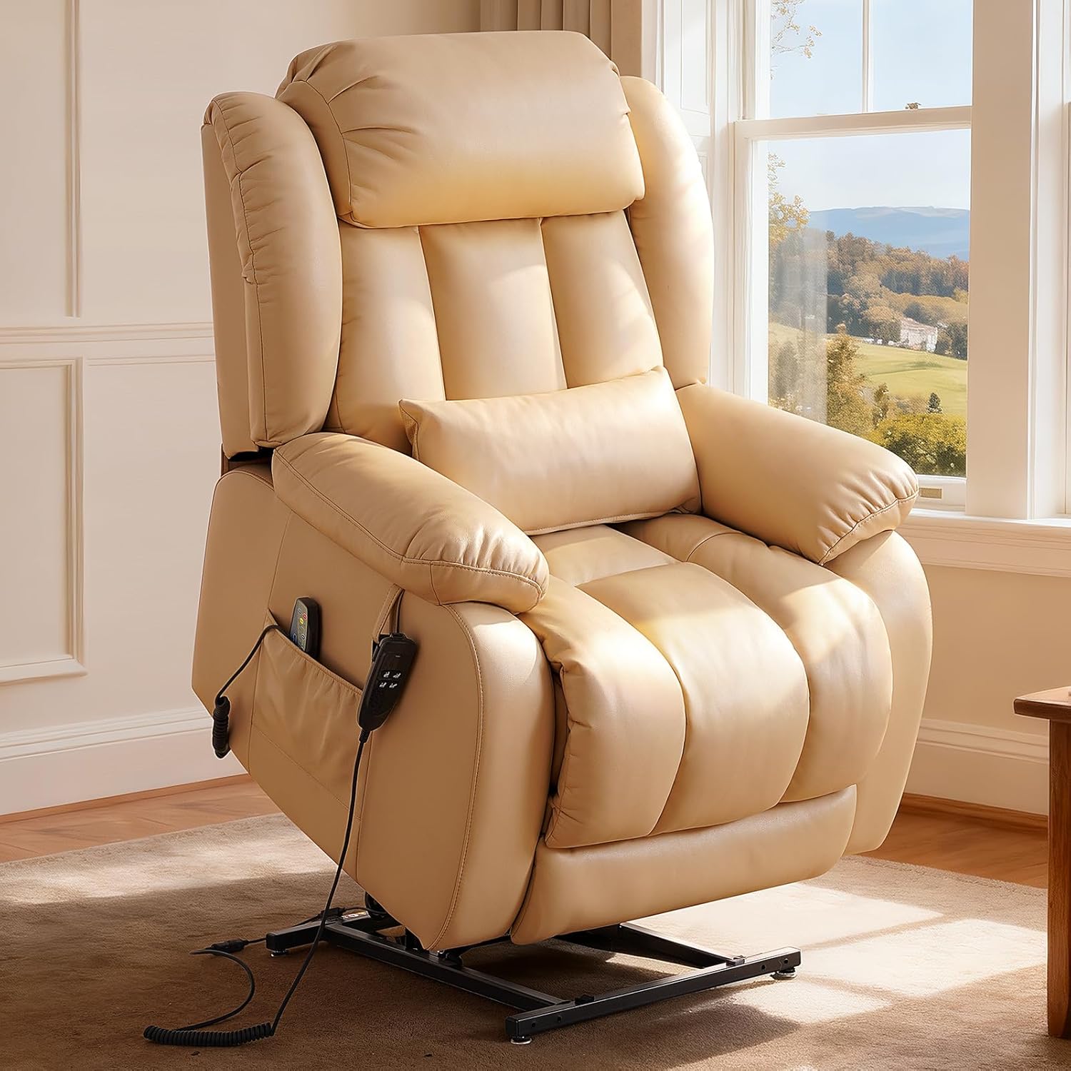 Power Lift Recliner Chair with 8-Point Massage & Heat, Dual Remote, USB/Type-C Ports, Easy-Clean Leather, Width 19.7