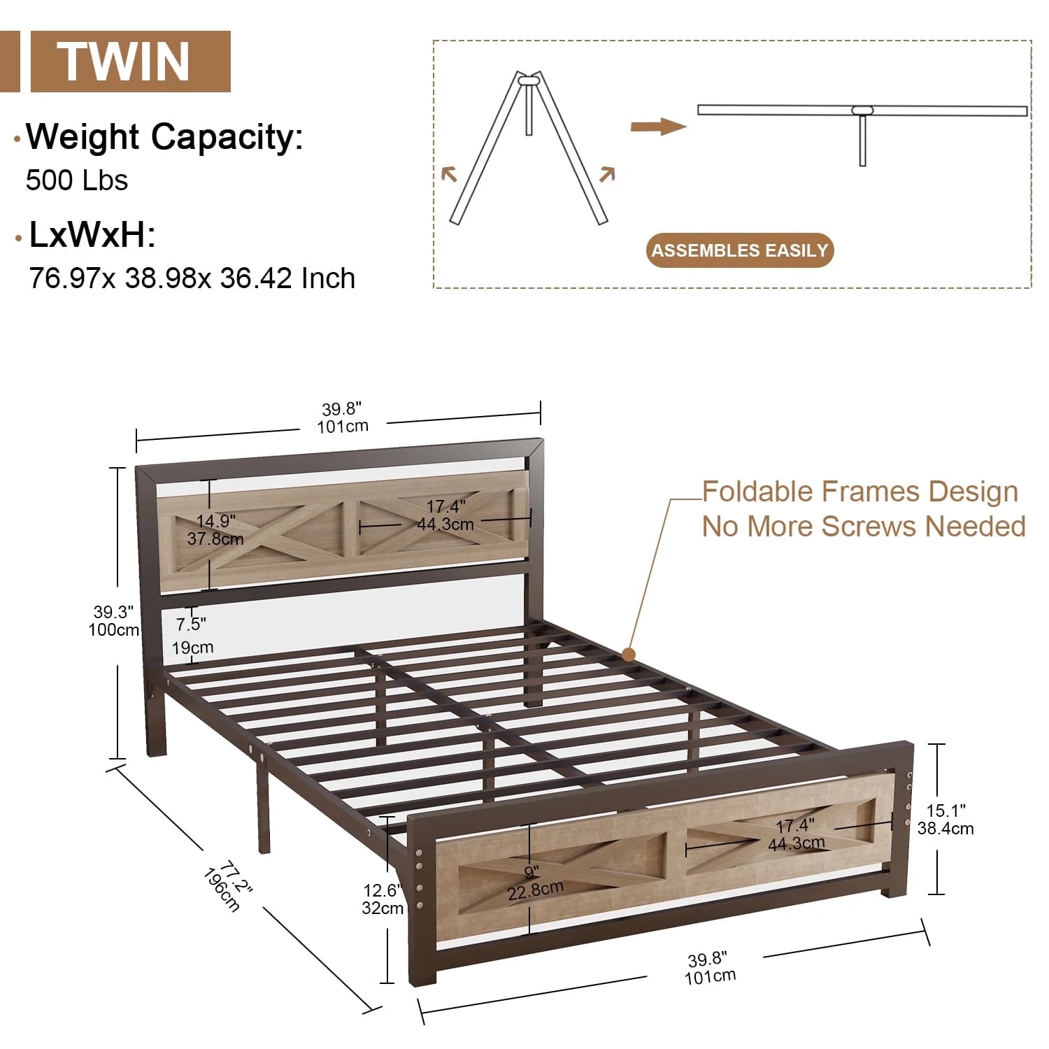 Behost Twin Bed Frame with Headboard and Underbed Storage, Metal Wood Platform Bed Frame Twin, No Box Spring Needed